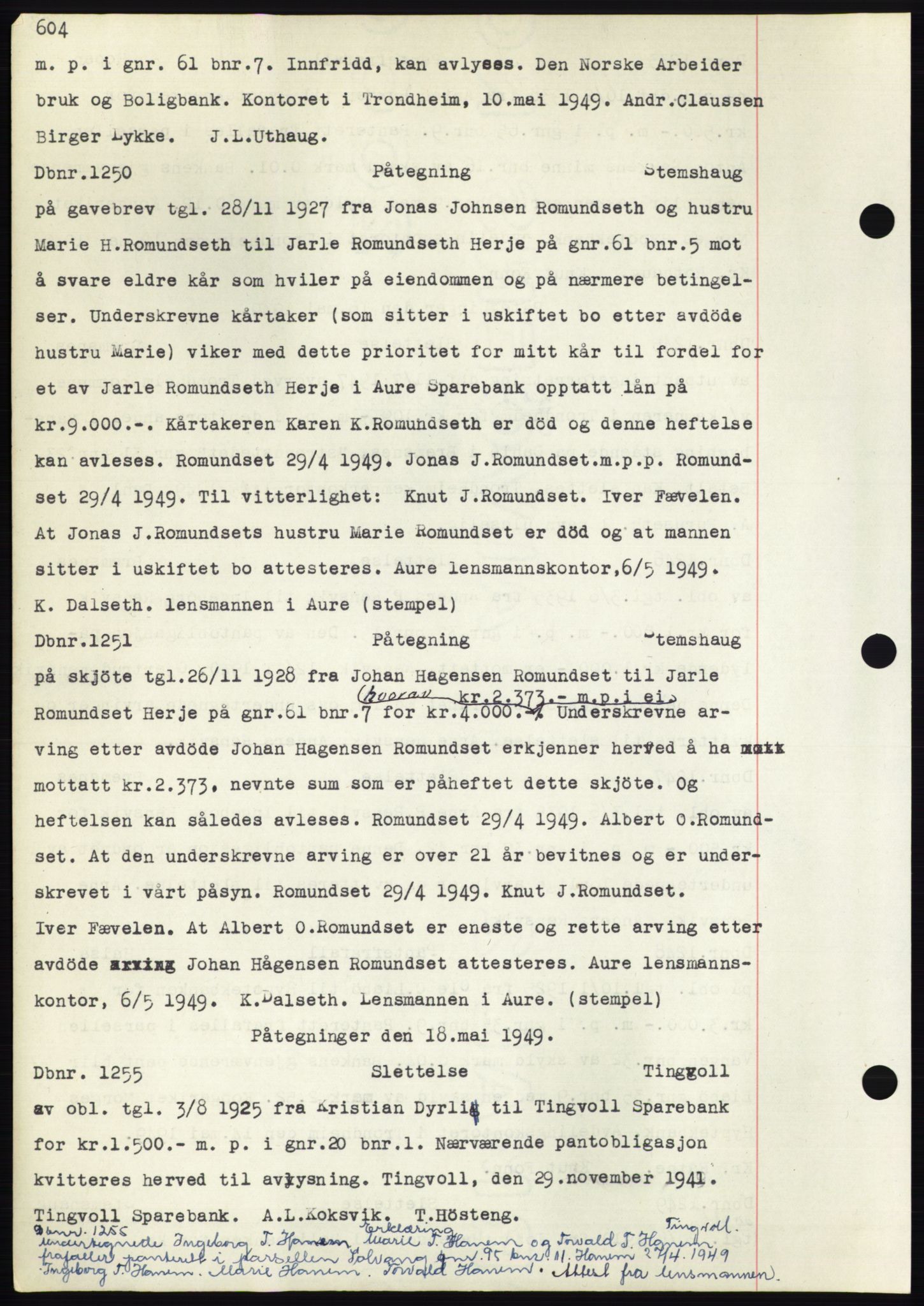 Nordmøre sorenskriveri, SAT/A-4132/1/2/2Ca: Mortgage book no. C82b, 1946-1951, Diary no: : 1250/1949