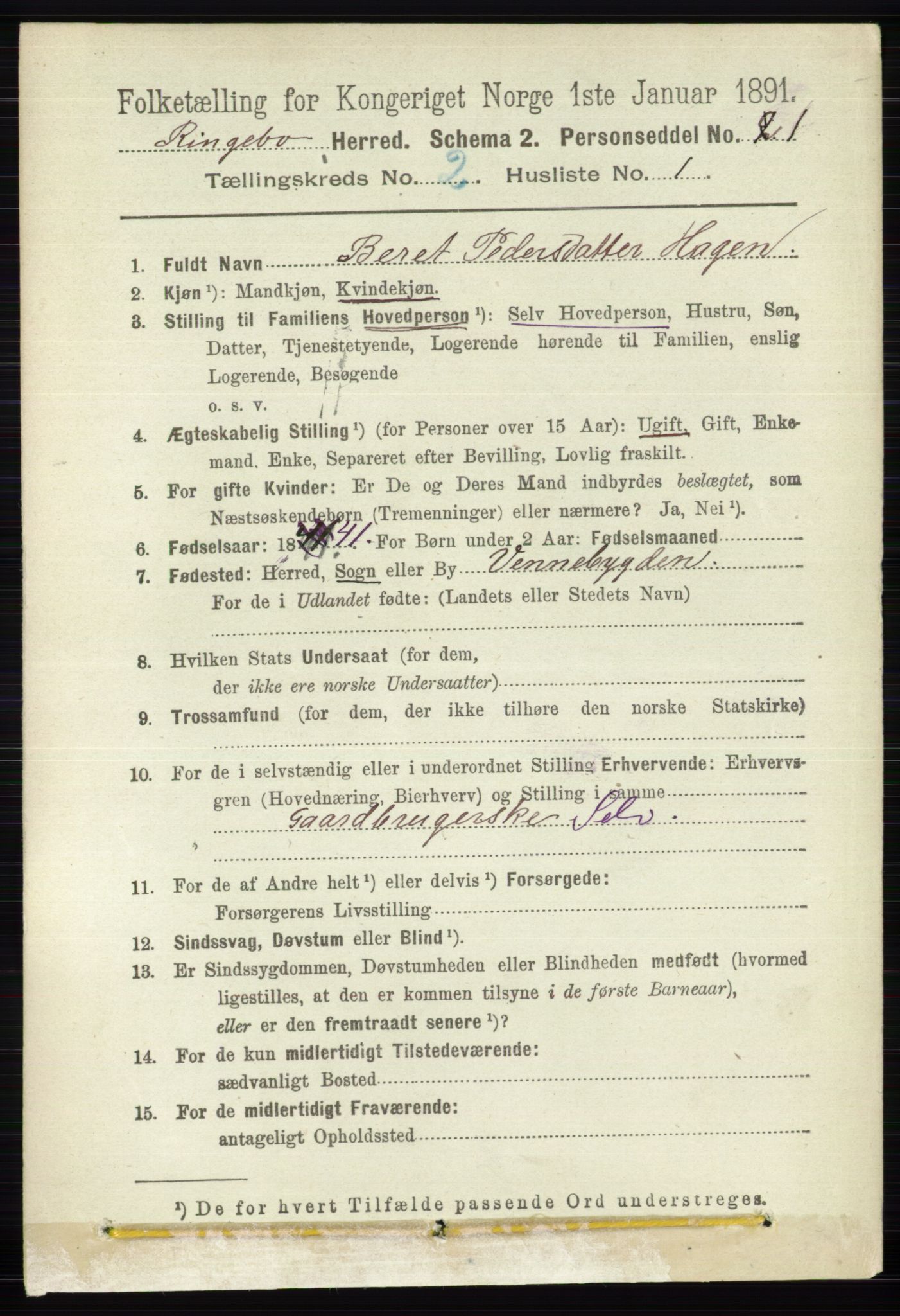 RA, 1891 census for 0520 Ringebu, 1891, p. 390