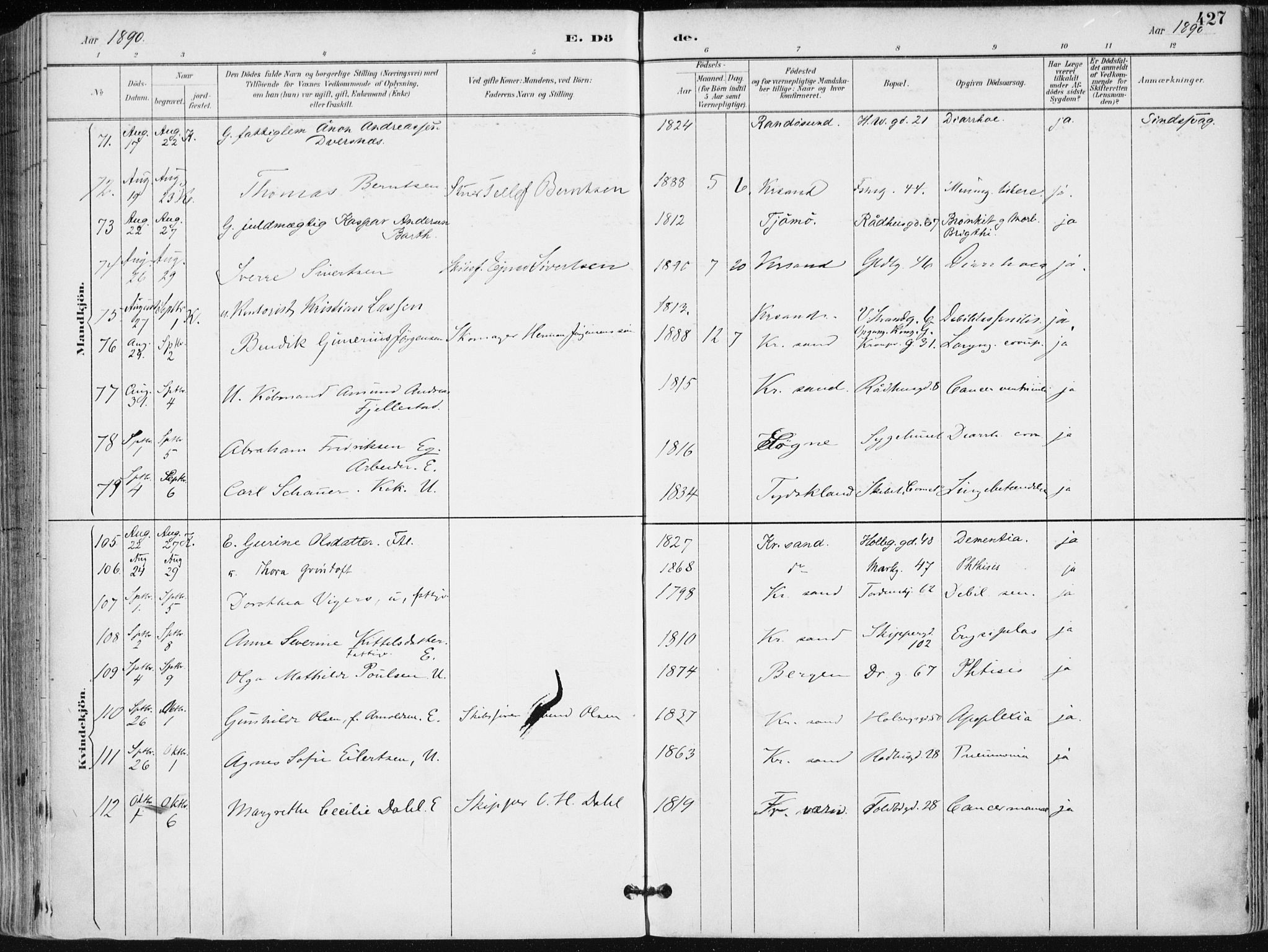 Kristiansand domprosti, SAK/1112-0006/F/Fa/L0019: Parish register (official) no. A 18, 1890-1897, p. 427