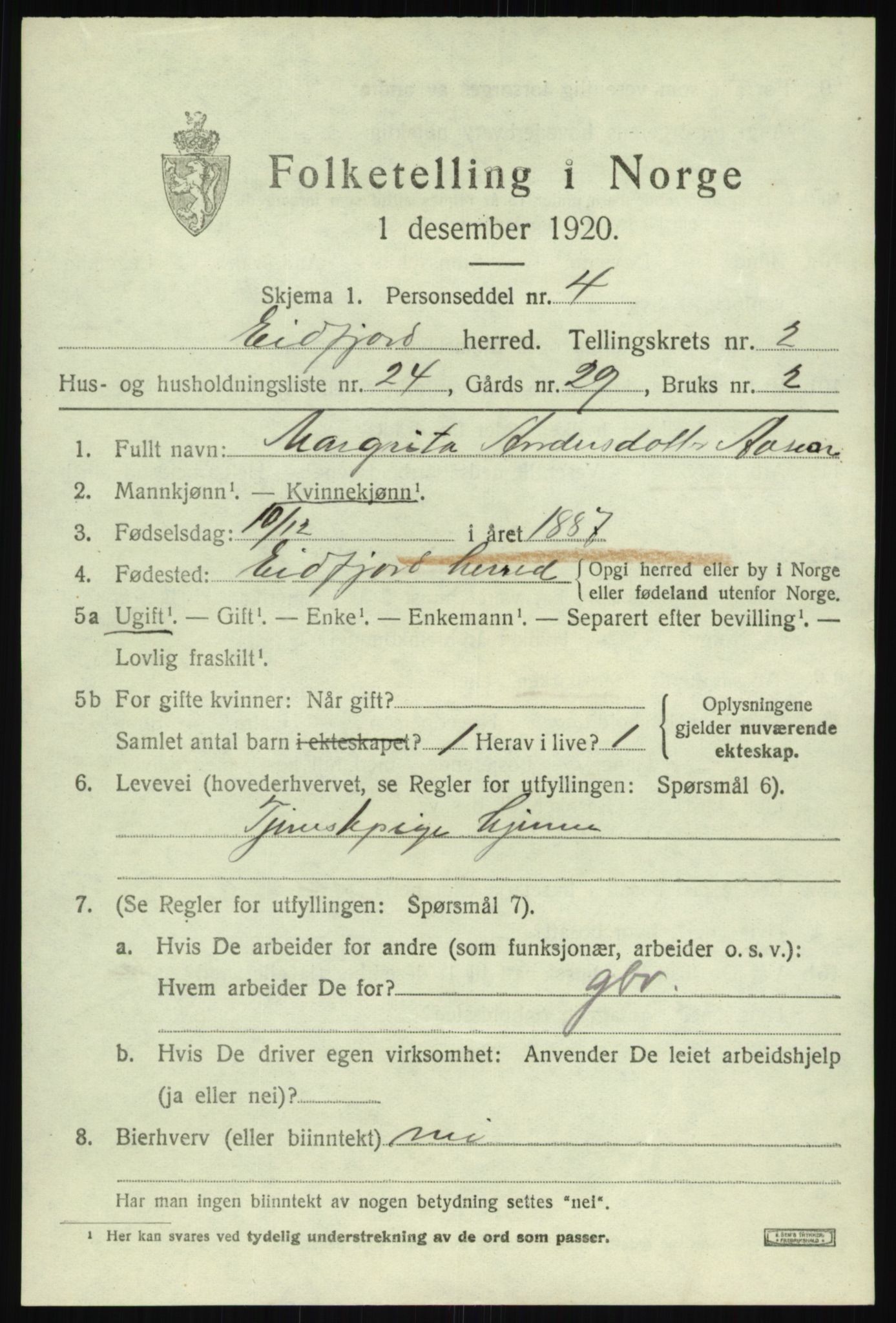 SAB, 1920 census for Eidfjord, 1920, p. 988