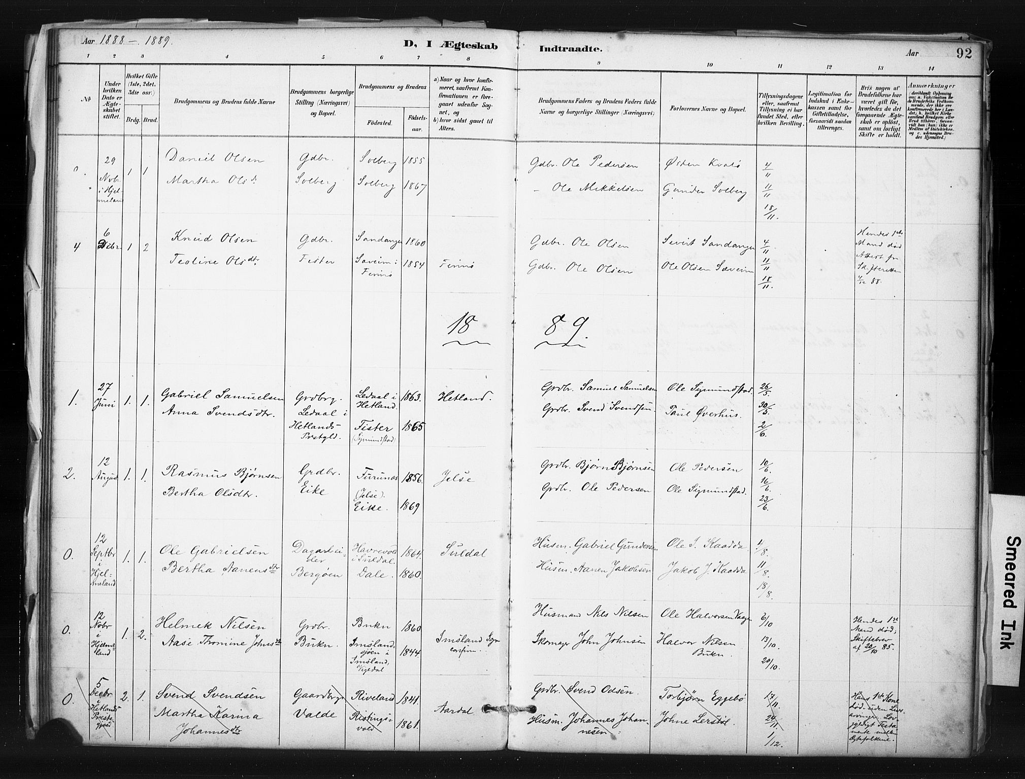 Hjelmeland sokneprestkontor, SAST/A-101843/01/IV/L0015: Parish register (official) no. A 15, 1887-1910, p. 92