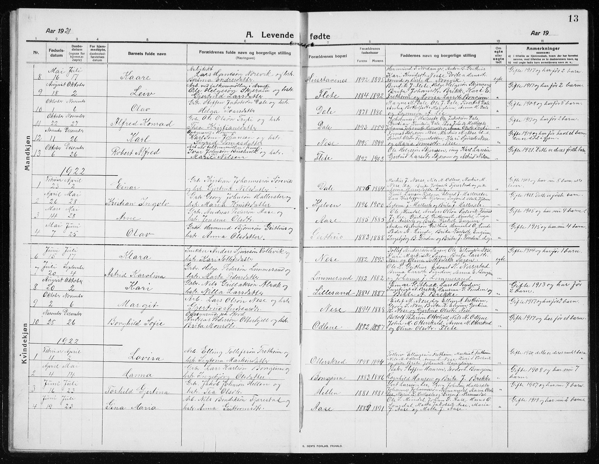 Vik sokneprestembete, SAB/A-81501: Parish register (copy) no. B 4, 1913-1938, p. 13