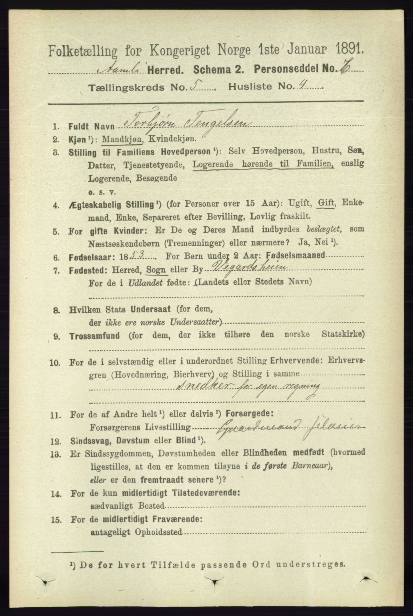 RA, 1891 census for 0929 Åmli, 1891, p. 708