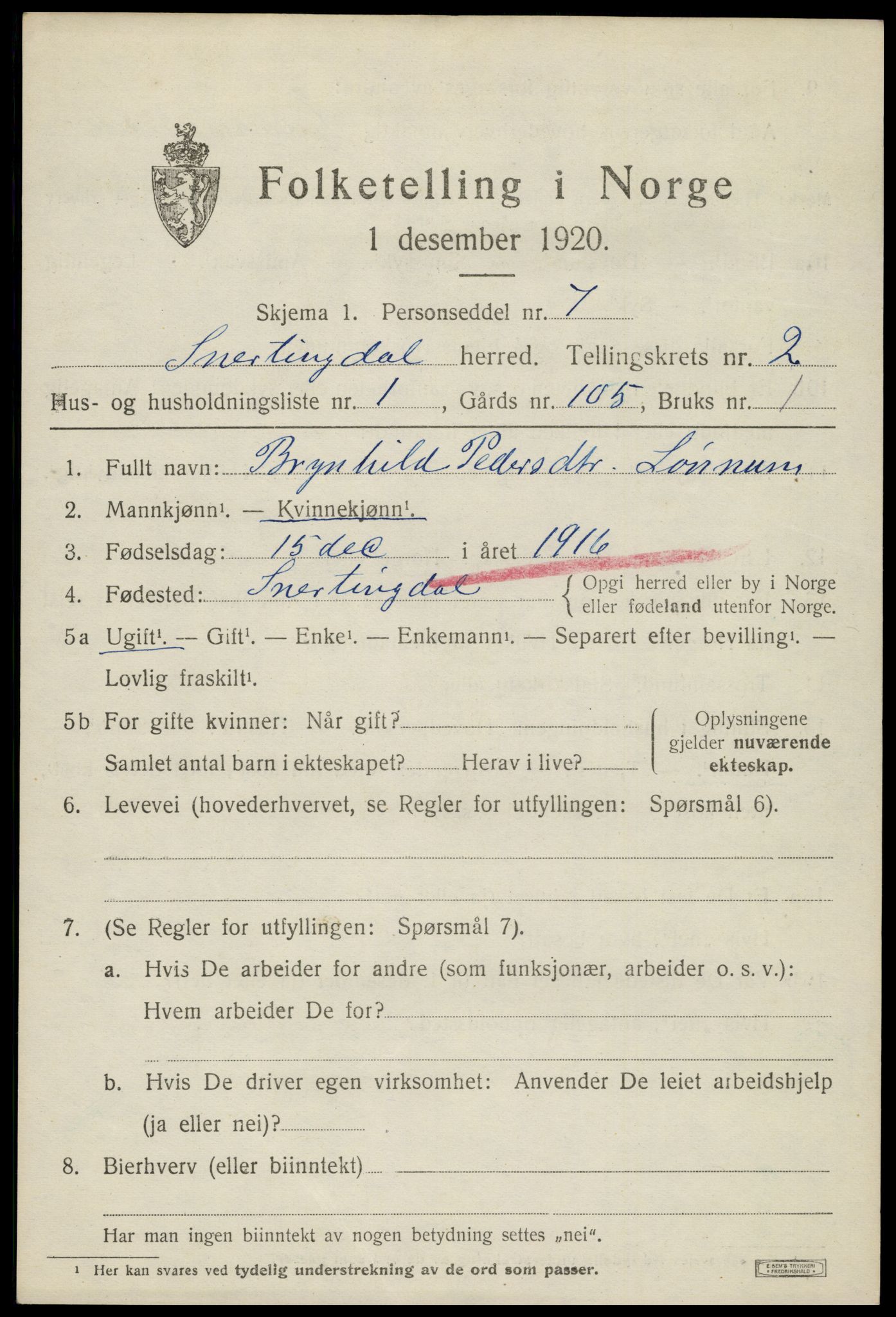 SAH, 1920 census for Snertingdal, 1920, p. 1371