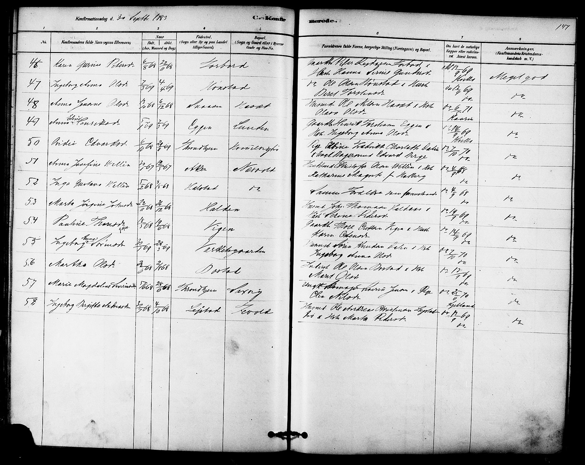 Ministerialprotokoller, klokkerbøker og fødselsregistre - Sør-Trøndelag, SAT/A-1456/616/L0410: Parish register (official) no. 616A07, 1878-1893, p. 147