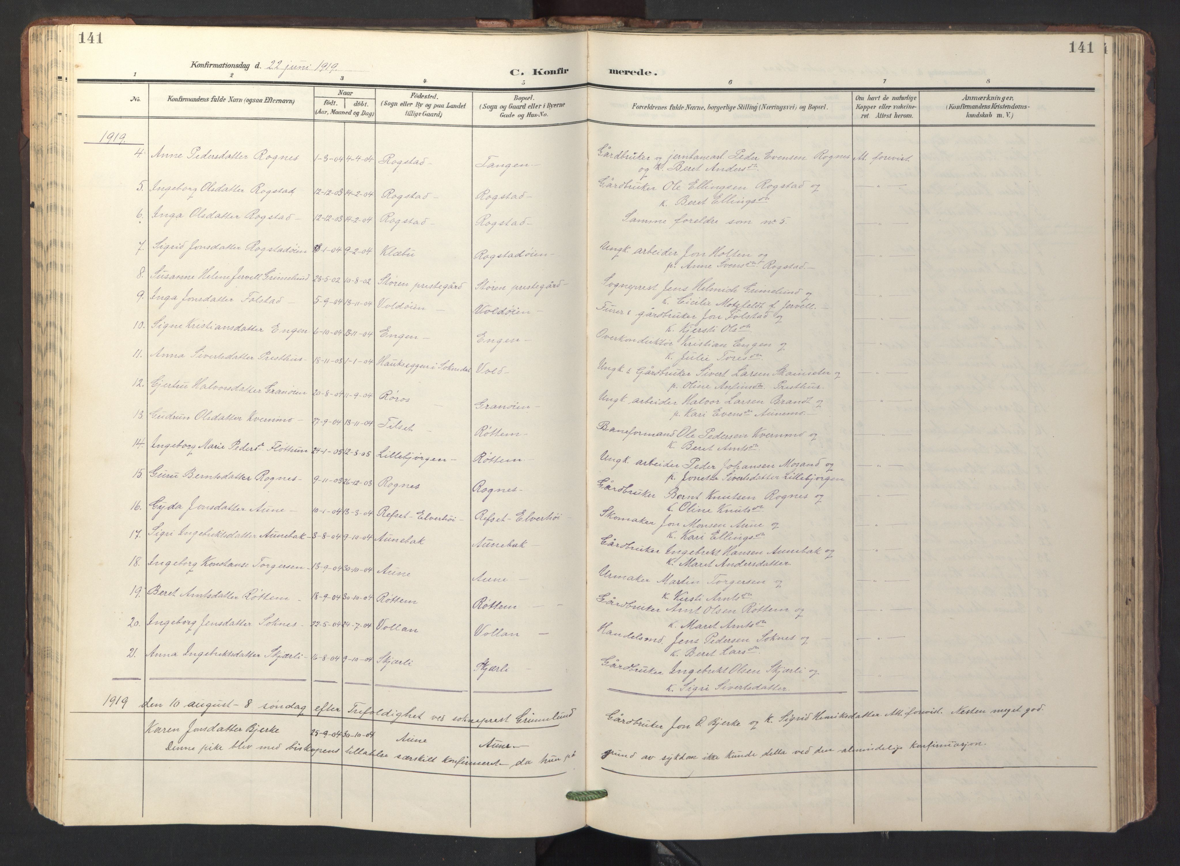 Ministerialprotokoller, klokkerbøker og fødselsregistre - Sør-Trøndelag, SAT/A-1456/687/L1019: Parish register (copy) no. 687C03, 1904-1931, p. 141