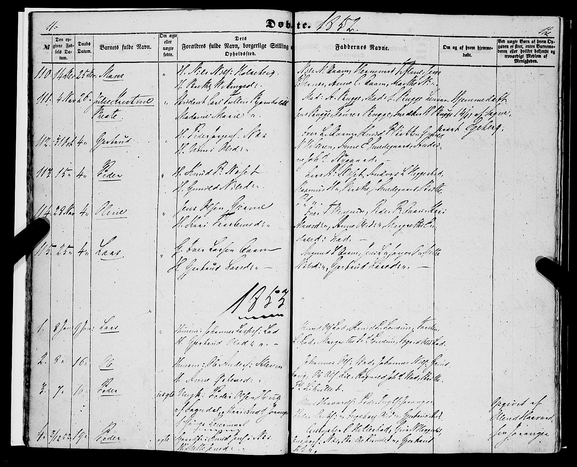 Hafslo sokneprestembete, SAB/A-80301/H/Haa/Haaa/L0009: Parish register (official) no. A 9, 1852-1873, p. 11-12