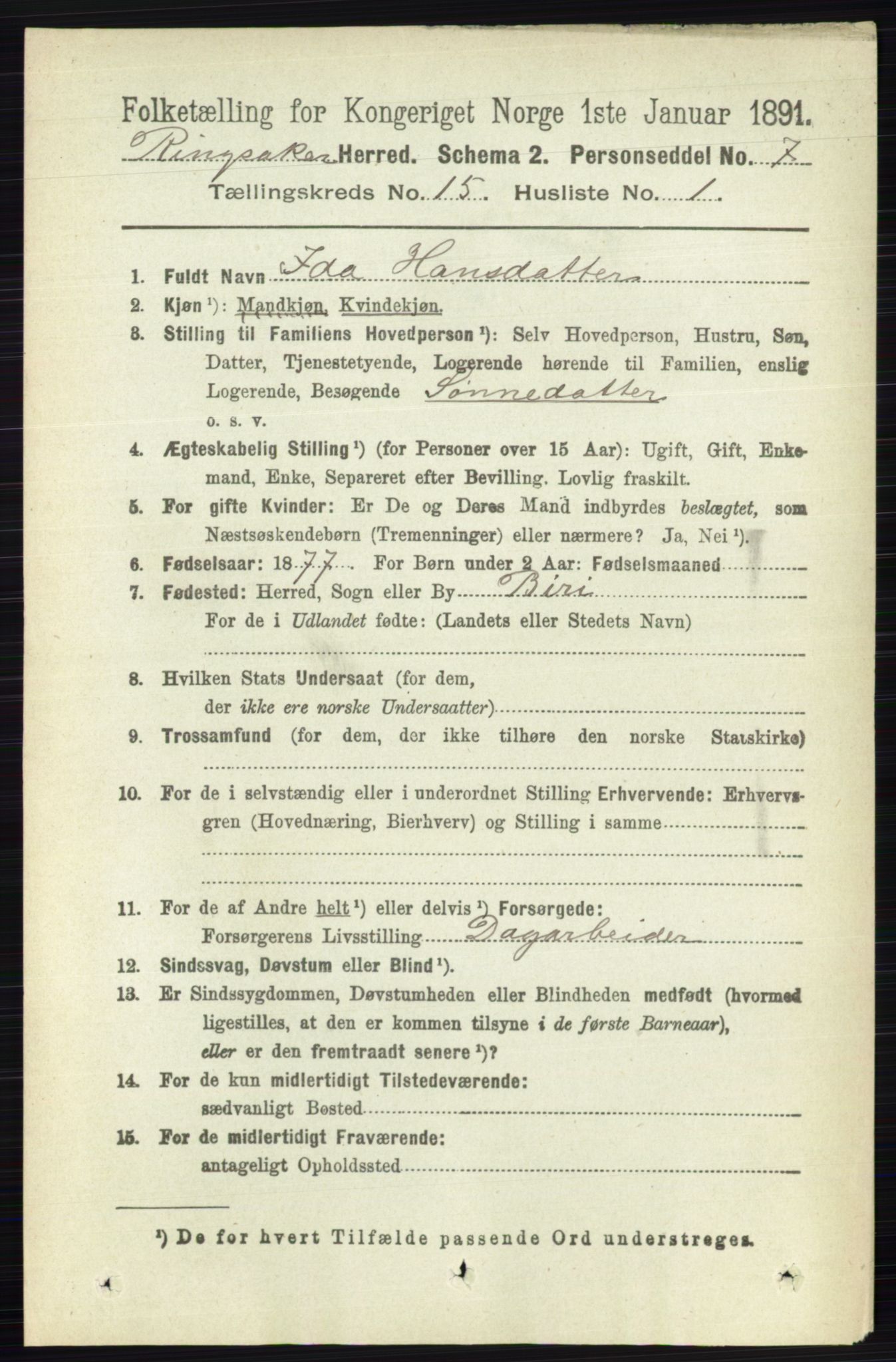 RA, 1891 census for 0412 Ringsaker, 1891, p. 8489