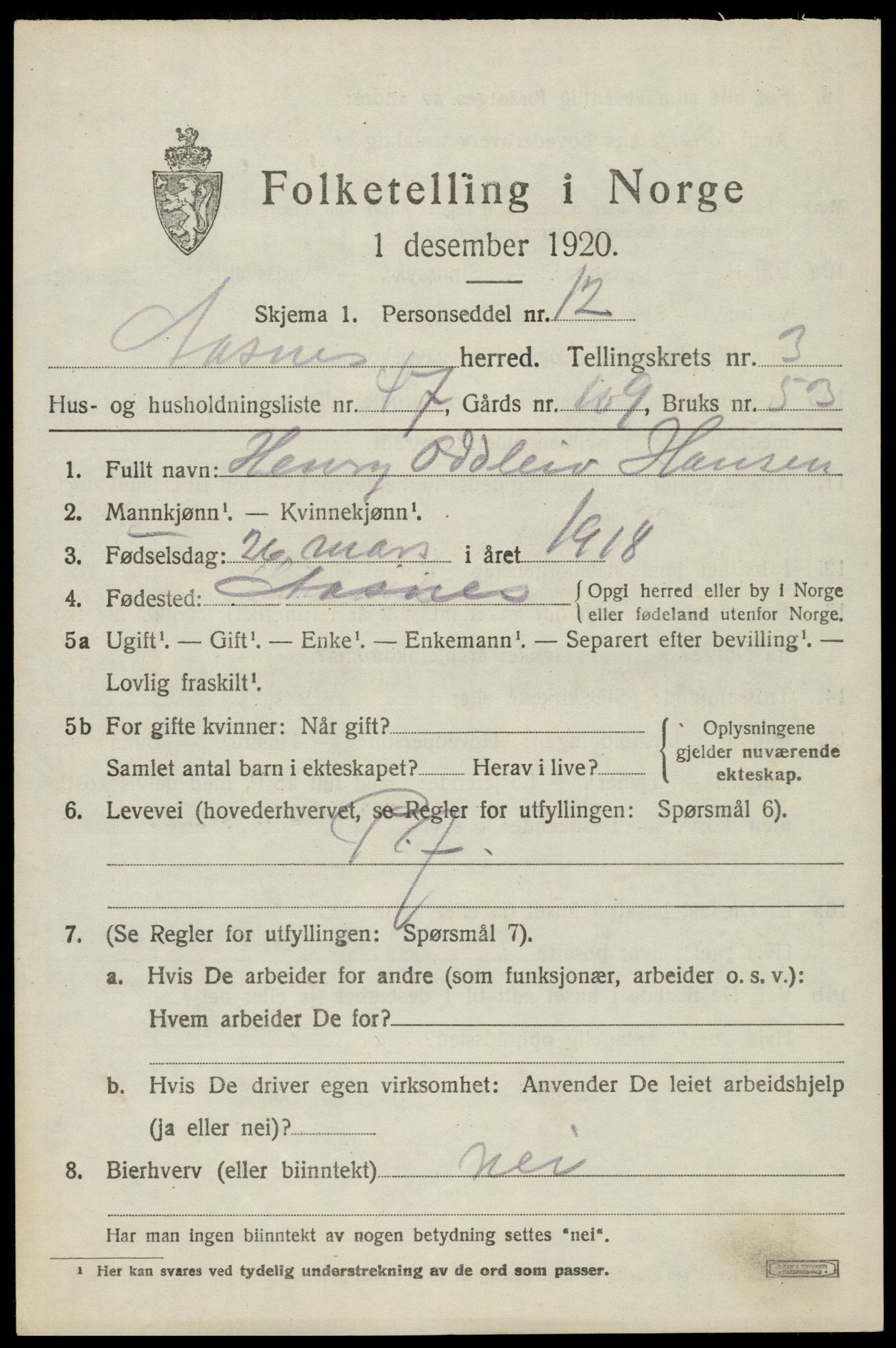 SAH, 1920 census for Åsnes, 1920, p. 4350