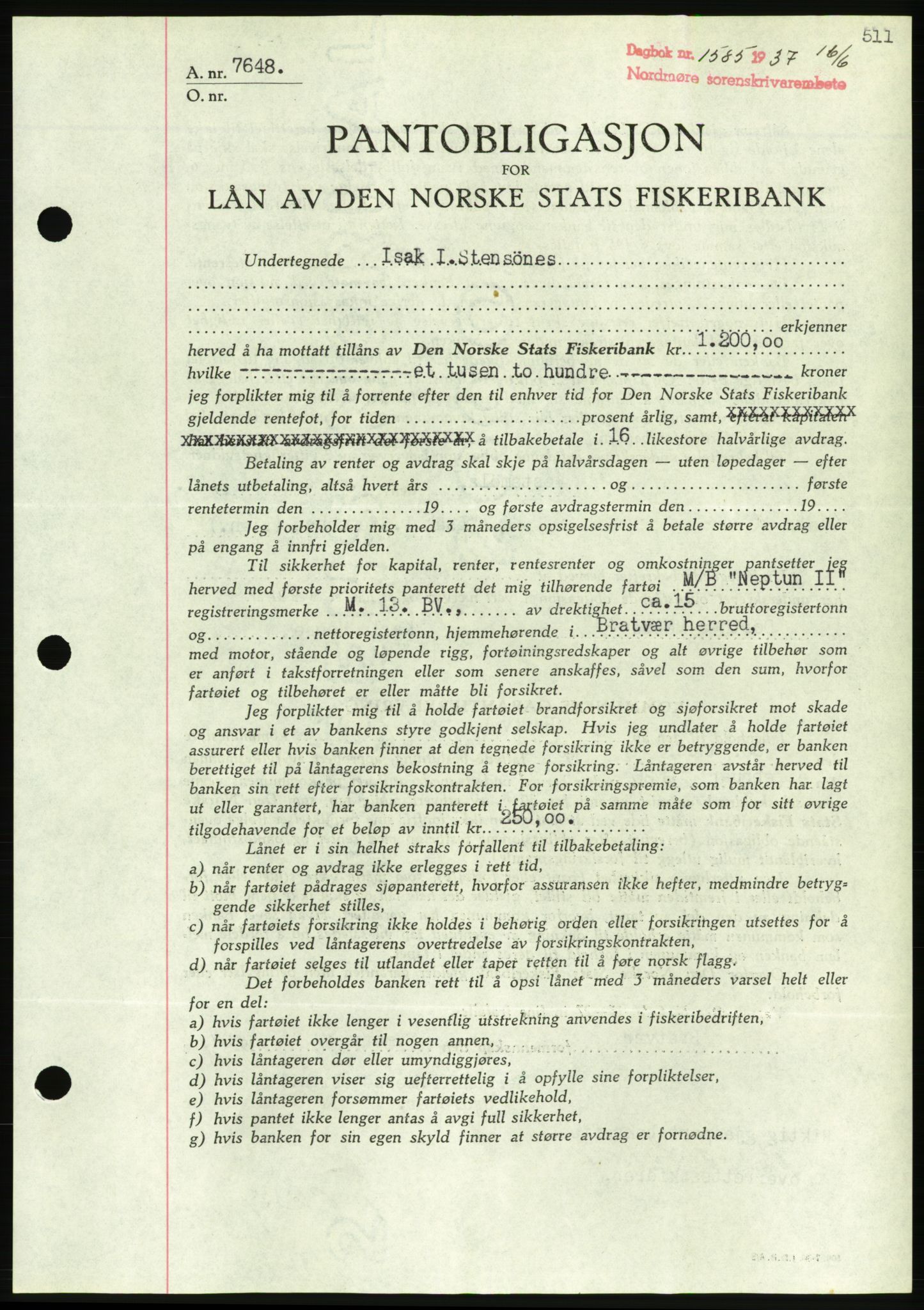 Nordmøre sorenskriveri, AV/SAT-A-4132/1/2/2Ca/L0091: Mortgage book no. B81, 1937-1937, Diary no: : 1585/1937