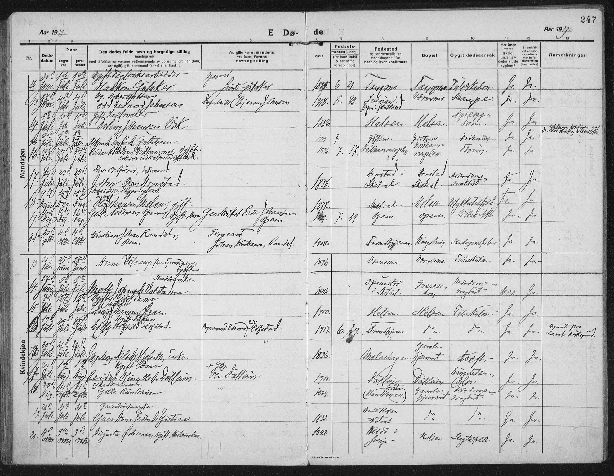 Ministerialprotokoller, klokkerbøker og fødselsregistre - Nord-Trøndelag, AV/SAT-A-1458/709/L0083: Parish register (official) no. 709A23, 1916-1928, p. 247