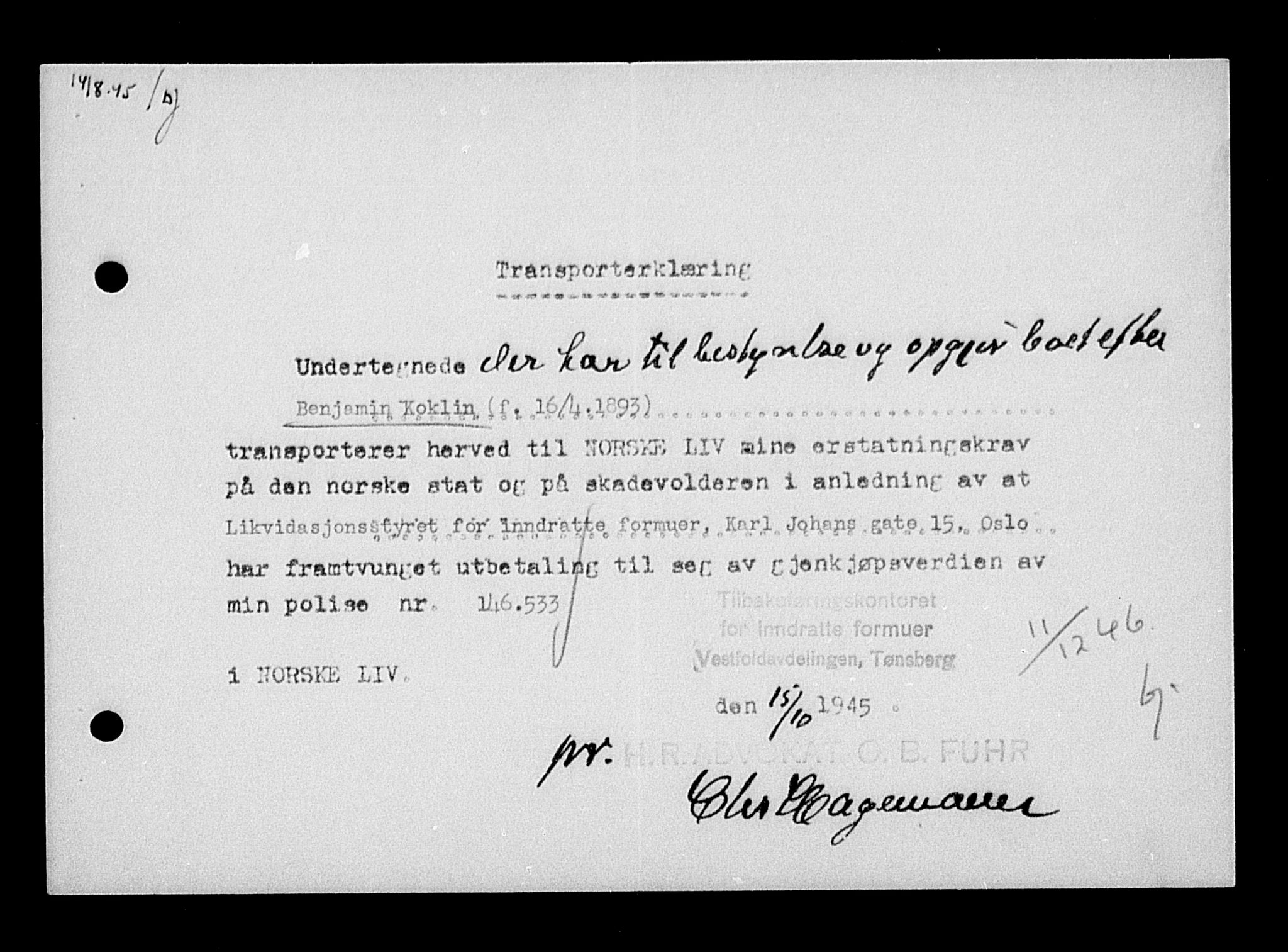 Justisdepartementet, Tilbakeføringskontoret for inndratte formuer, AV/RA-S-1564/H/Hc/Hcd/L1002: --, 1945-1947, p. 4