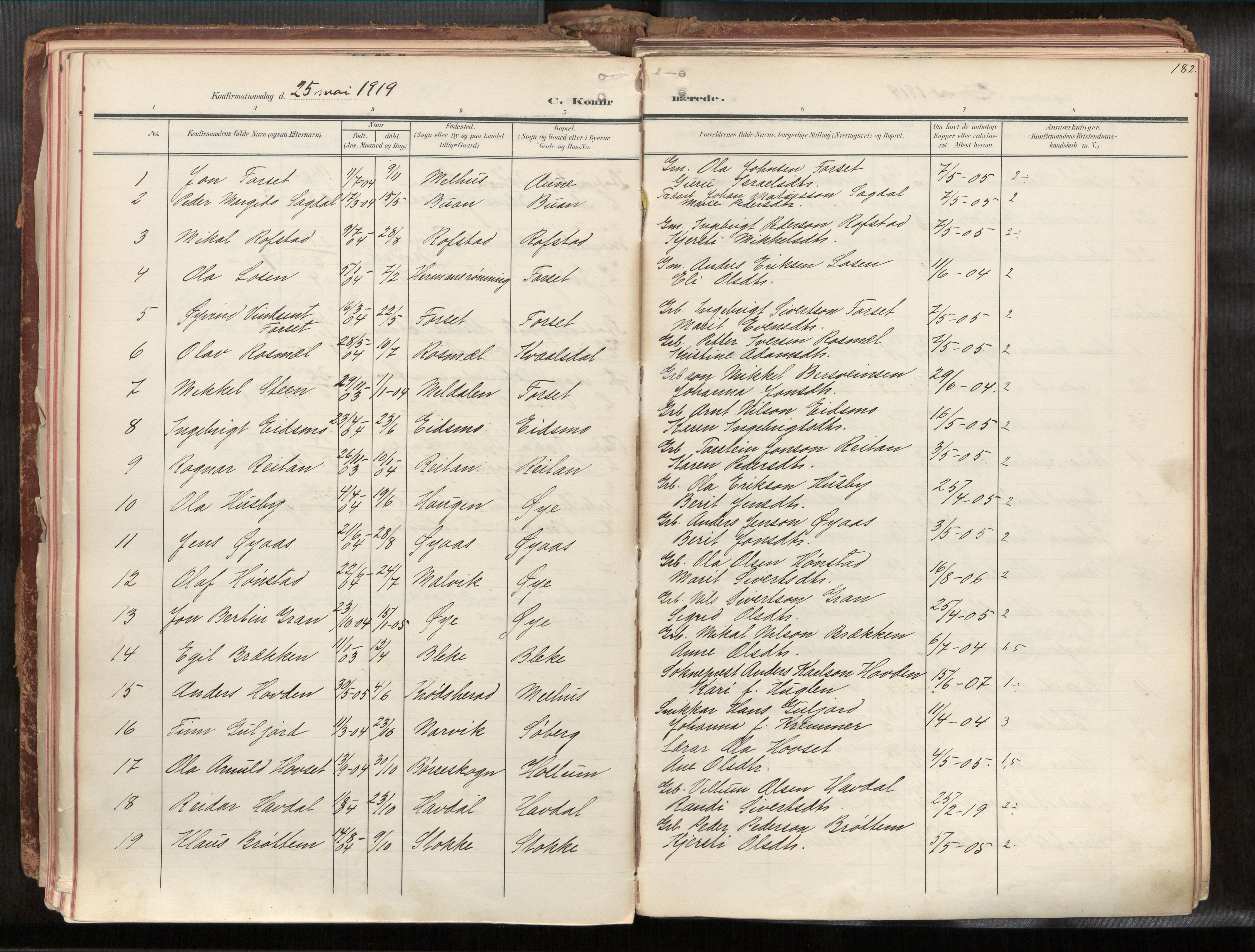 Ministerialprotokoller, klokkerbøker og fødselsregistre - Sør-Trøndelag, AV/SAT-A-1456/691/L1085b: Parish register (official) no. 691A18, 1908-1930, p. 182