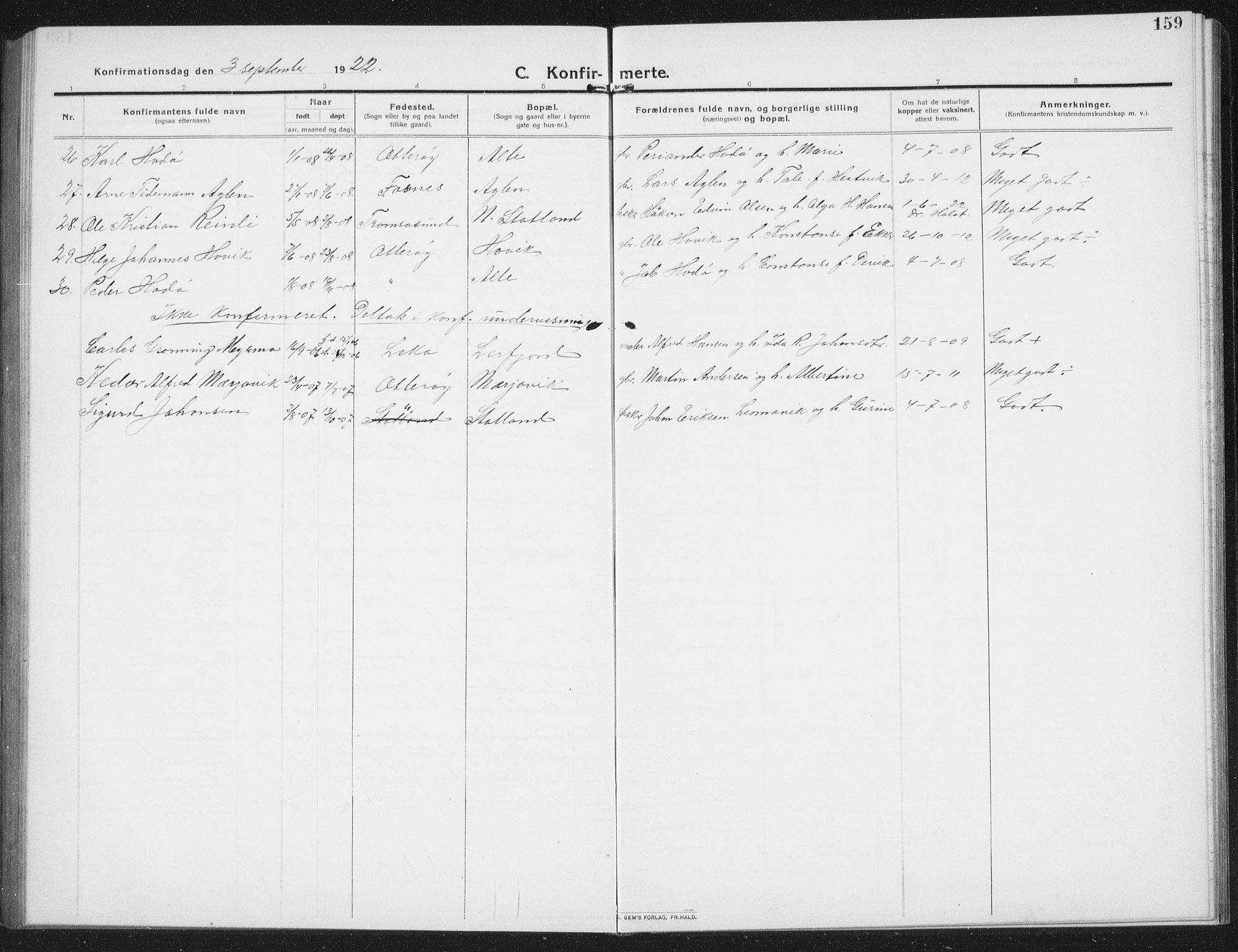 Ministerialprotokoller, klokkerbøker og fødselsregistre - Nord-Trøndelag, SAT/A-1458/774/L0630: Parish register (copy) no. 774C01, 1910-1934, p. 159