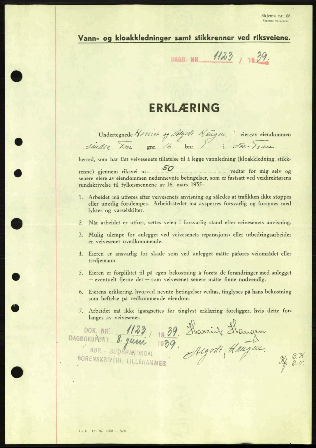 Sør-Gudbrandsdal tingrett, SAH/TING-004/H/Hb/Hbe/L0001: Mortgage book no. B1, 1936-1939, Diary no: : 1123/1939