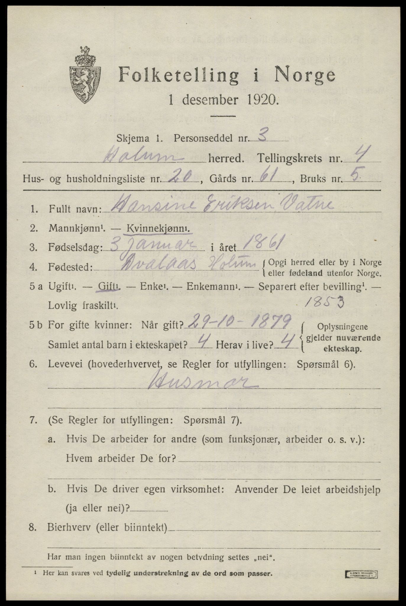 SAK, 1920 census for Holum, 1920, p. 2125