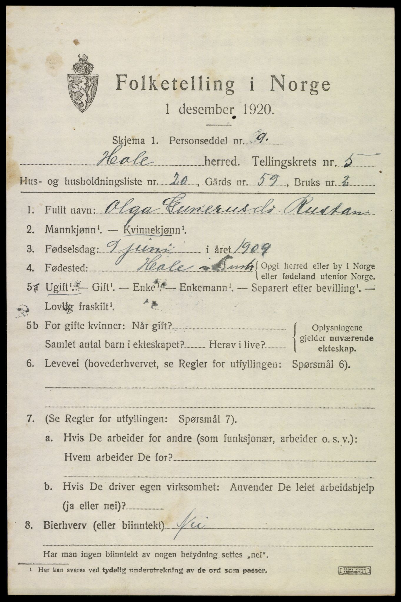 SAKO, 1920 census for Hole, 1920, p. 3553