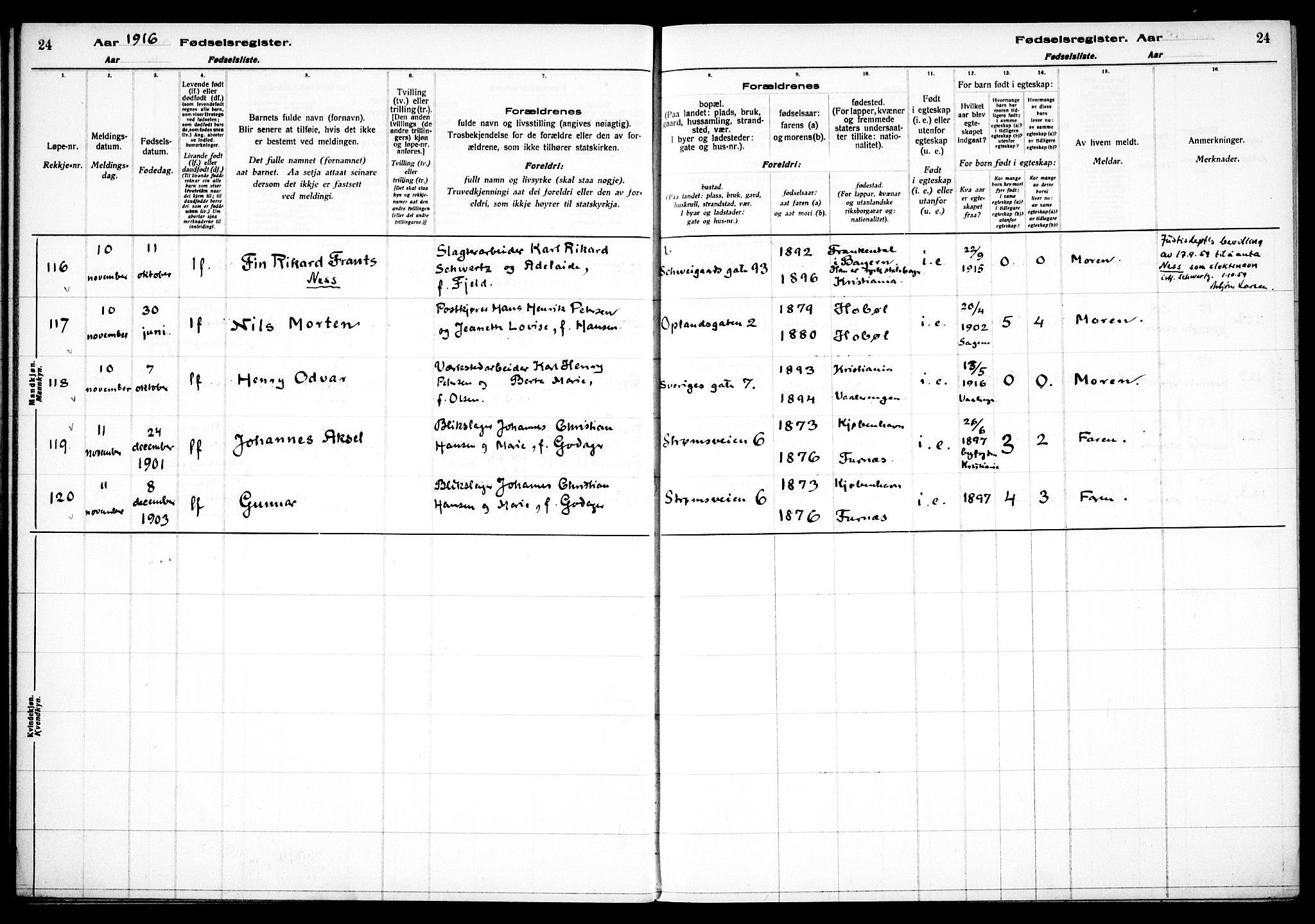 Vålerengen prestekontor Kirkebøker, AV/SAO-A-10878/J/Ja/L0001: Birth register no. 1, 1916-1924, p. 24