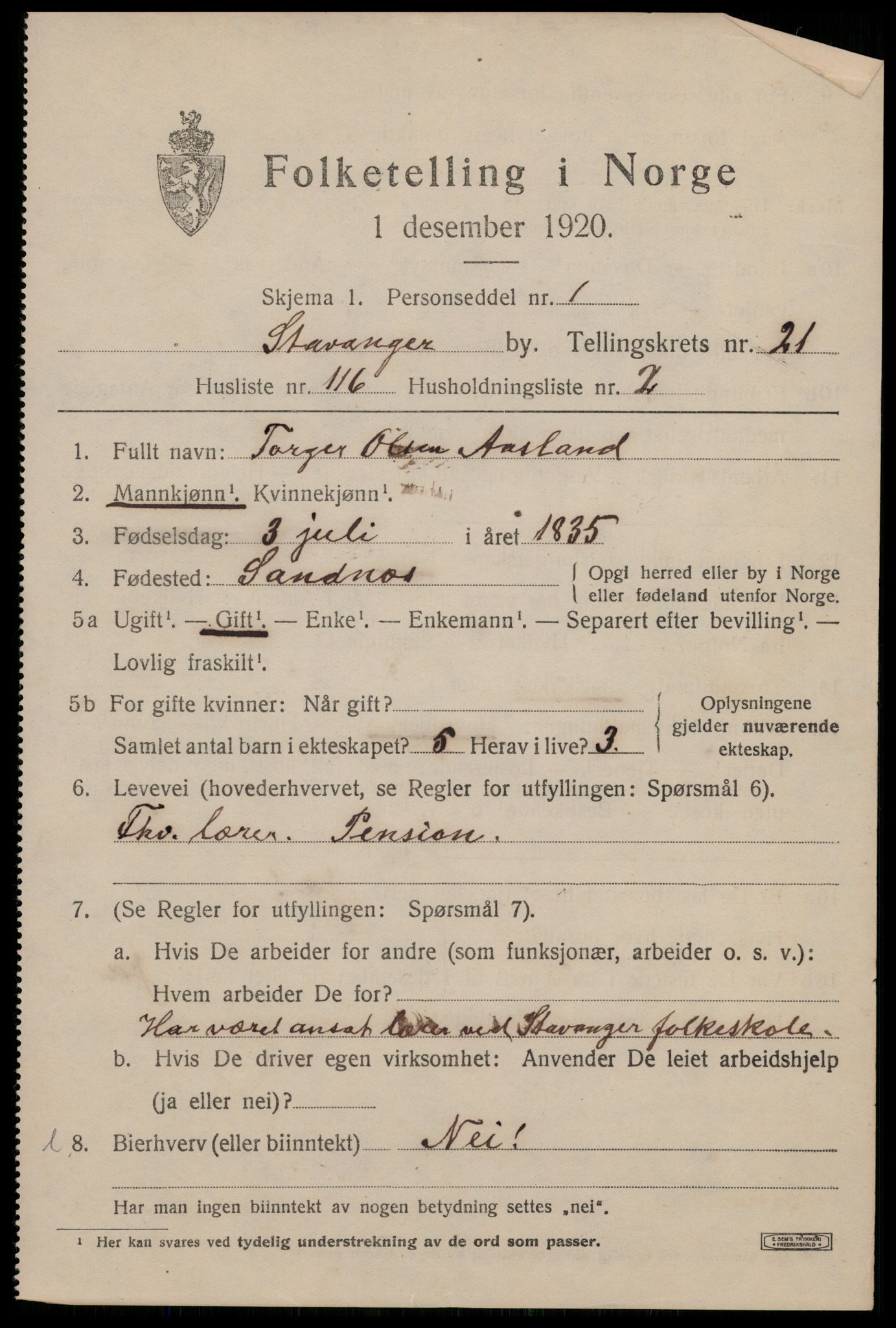 SAST, 1920 census for Stavanger, 1920, p. 73752