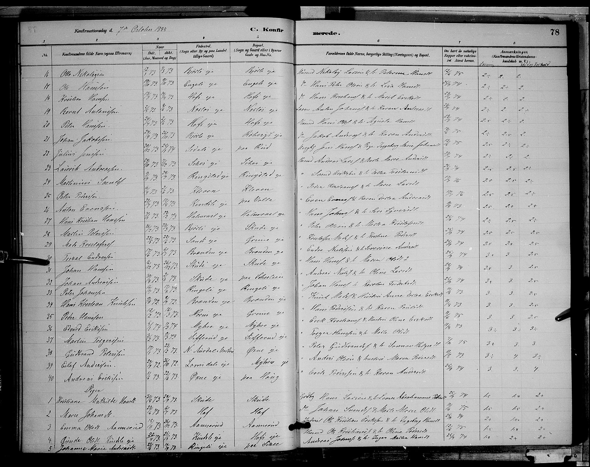 Søndre Land prestekontor, AV/SAH-PREST-122/L/L0002: Parish register (copy) no. 2, 1884-1900, p. 78