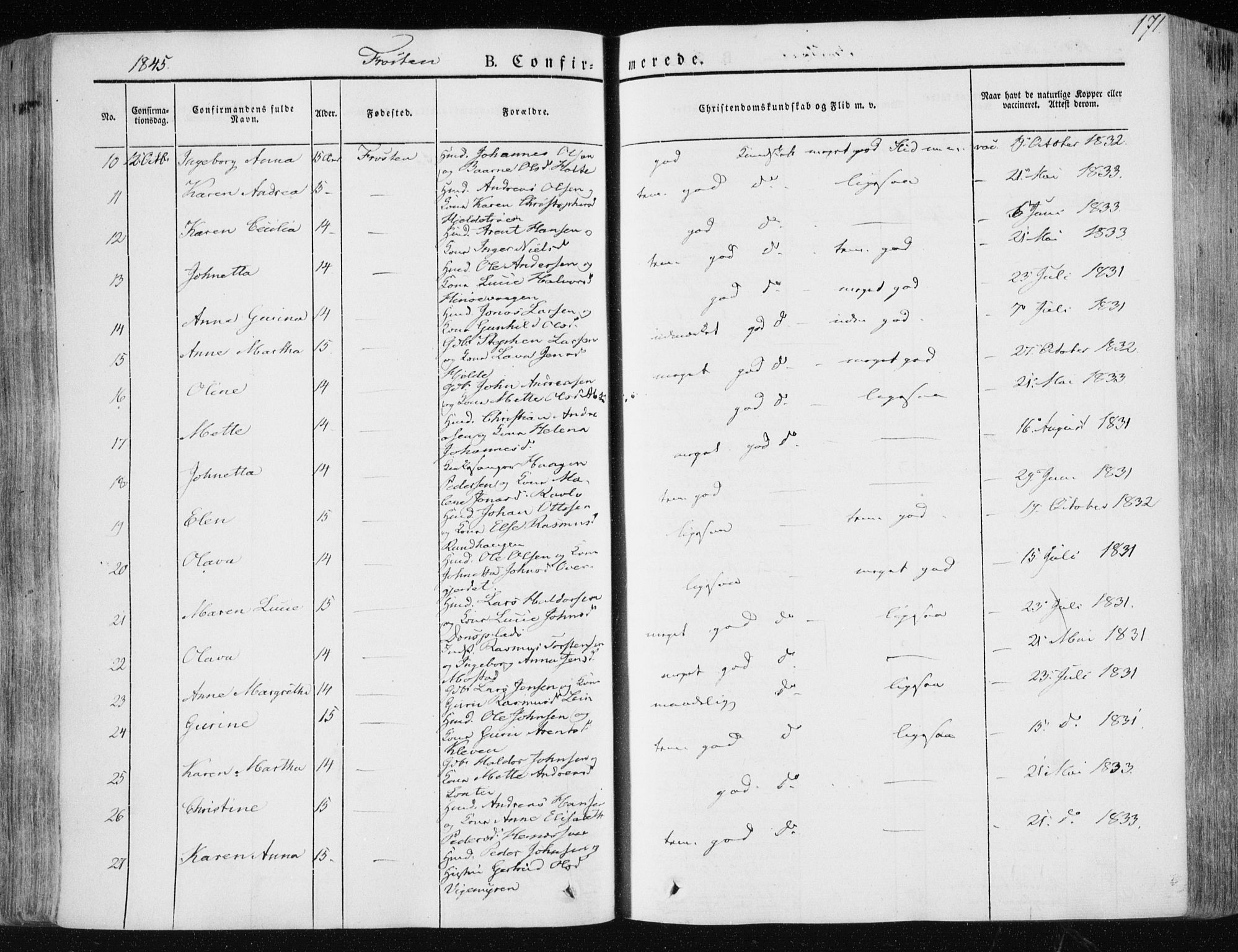 Ministerialprotokoller, klokkerbøker og fødselsregistre - Nord-Trøndelag, SAT/A-1458/713/L0115: Parish register (official) no. 713A06, 1838-1851, p. 171