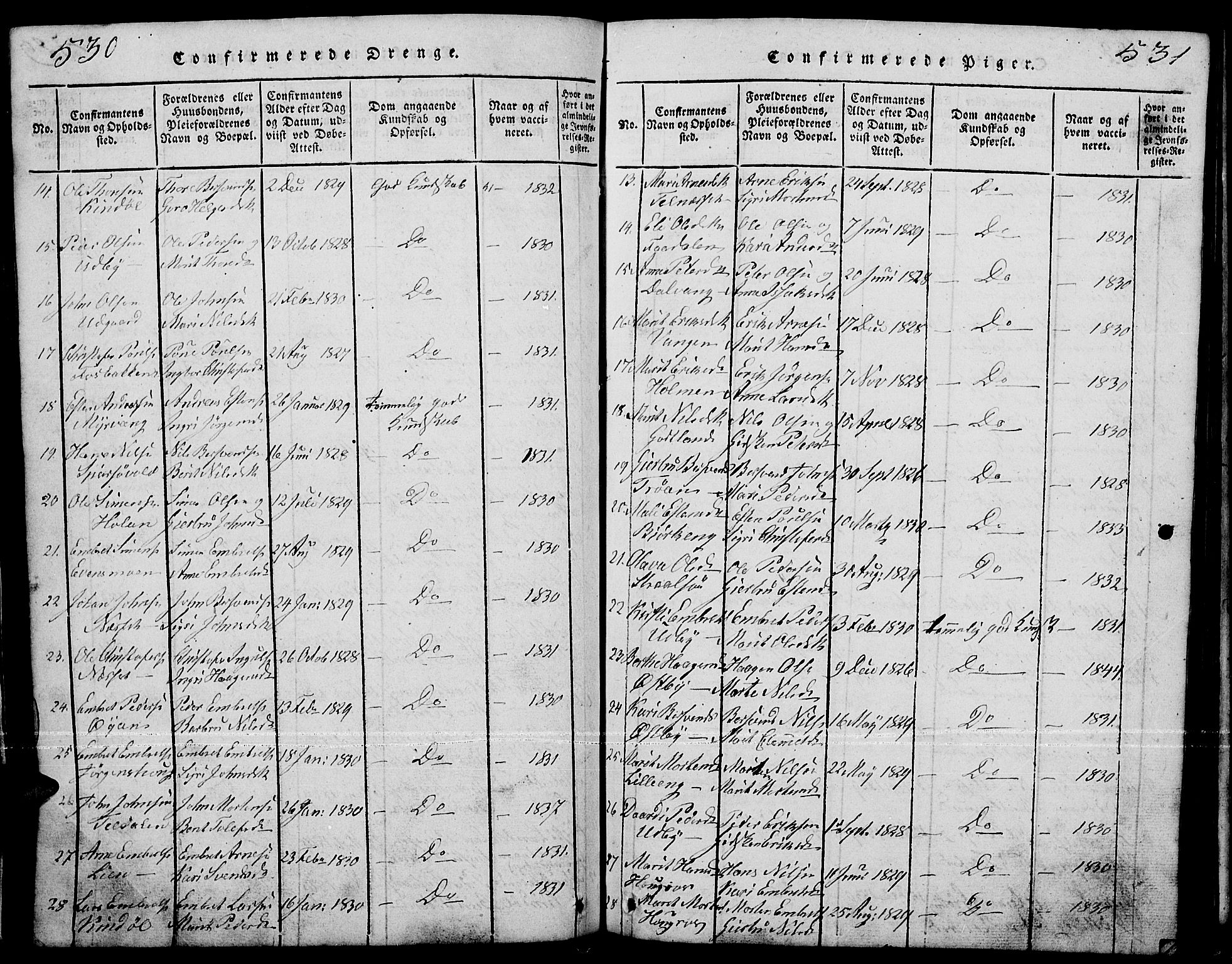 Tynset prestekontor, SAH/PREST-058/H/Ha/Hab/L0001: Parish register (copy) no. 1, 1814-1859, p. 530-531