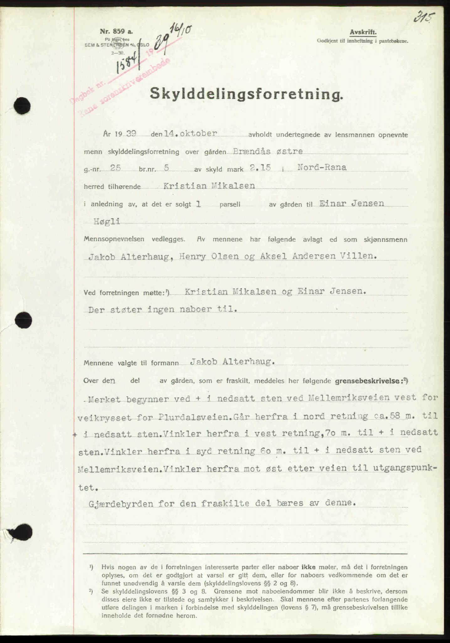 Rana sorenskriveri , SAT/A-1108/1/2/2C: Mortgage book no. A 6, 1939-1940, Diary no: : 1584/1939