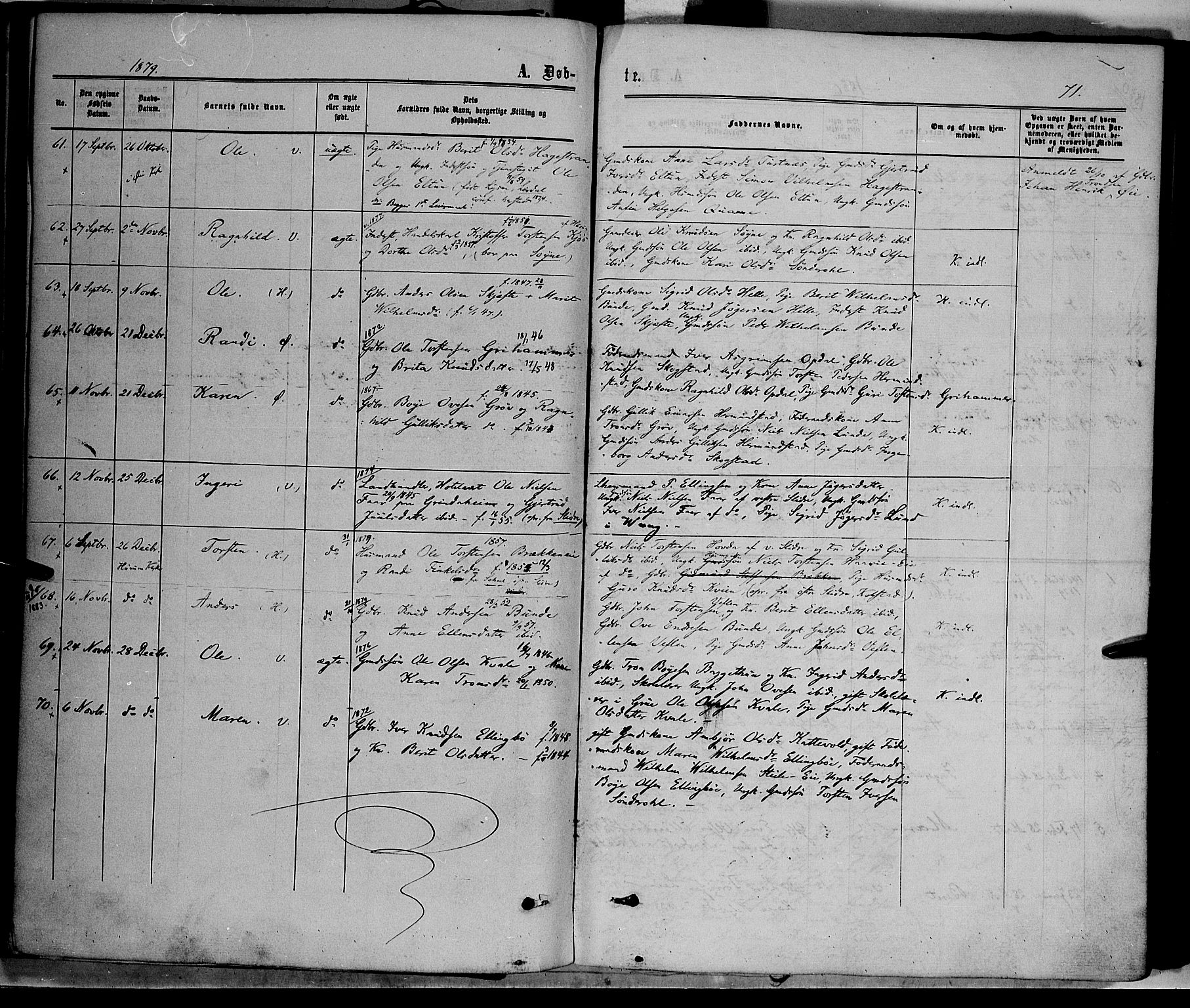 Vang prestekontor, Valdres, SAH/PREST-140/H/Ha/L0007: Parish register (official) no. 7, 1865-1881, p. 71