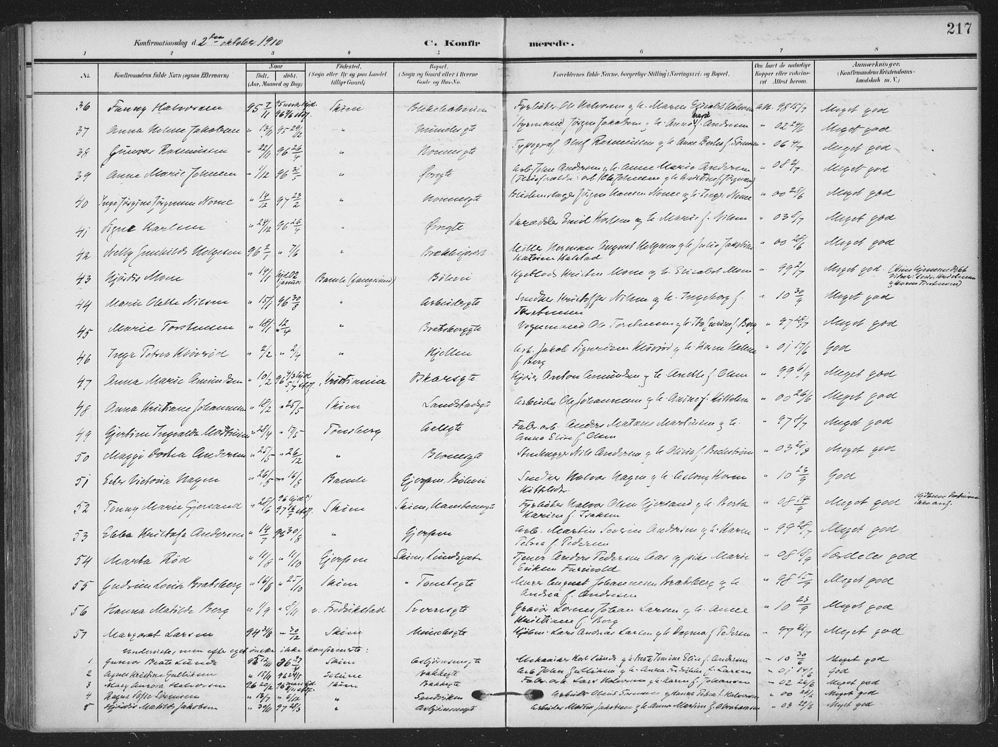 Skien kirkebøker, SAKO/A-302/F/Fa/L0012: Parish register (official) no. 12, 1908-1914, p. 217