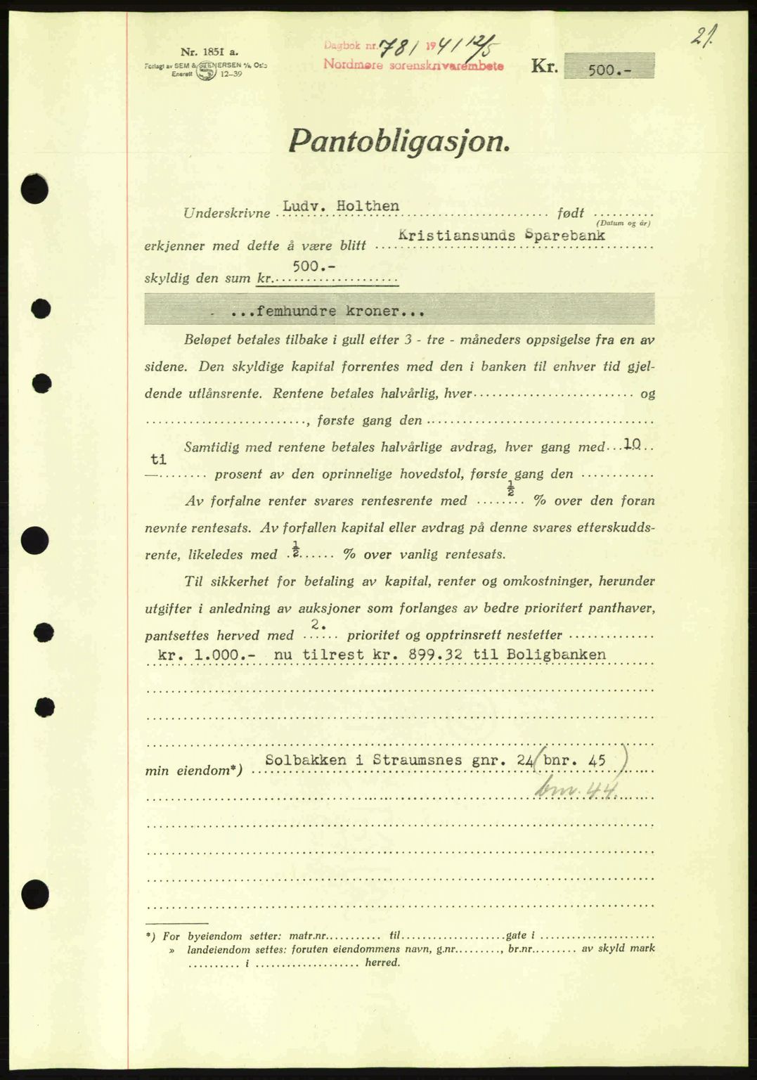 Nordmøre sorenskriveri, AV/SAT-A-4132/1/2/2Ca: Mortgage book no. B88, 1941-1942, Diary no: : 781/1941