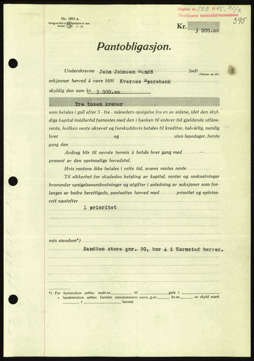 Nordmøre sorenskriveri, AV/SAT-A-4132/1/2/2Ca: Mortgage book no. B92, 1944-1945, Diary no: : 322/1945