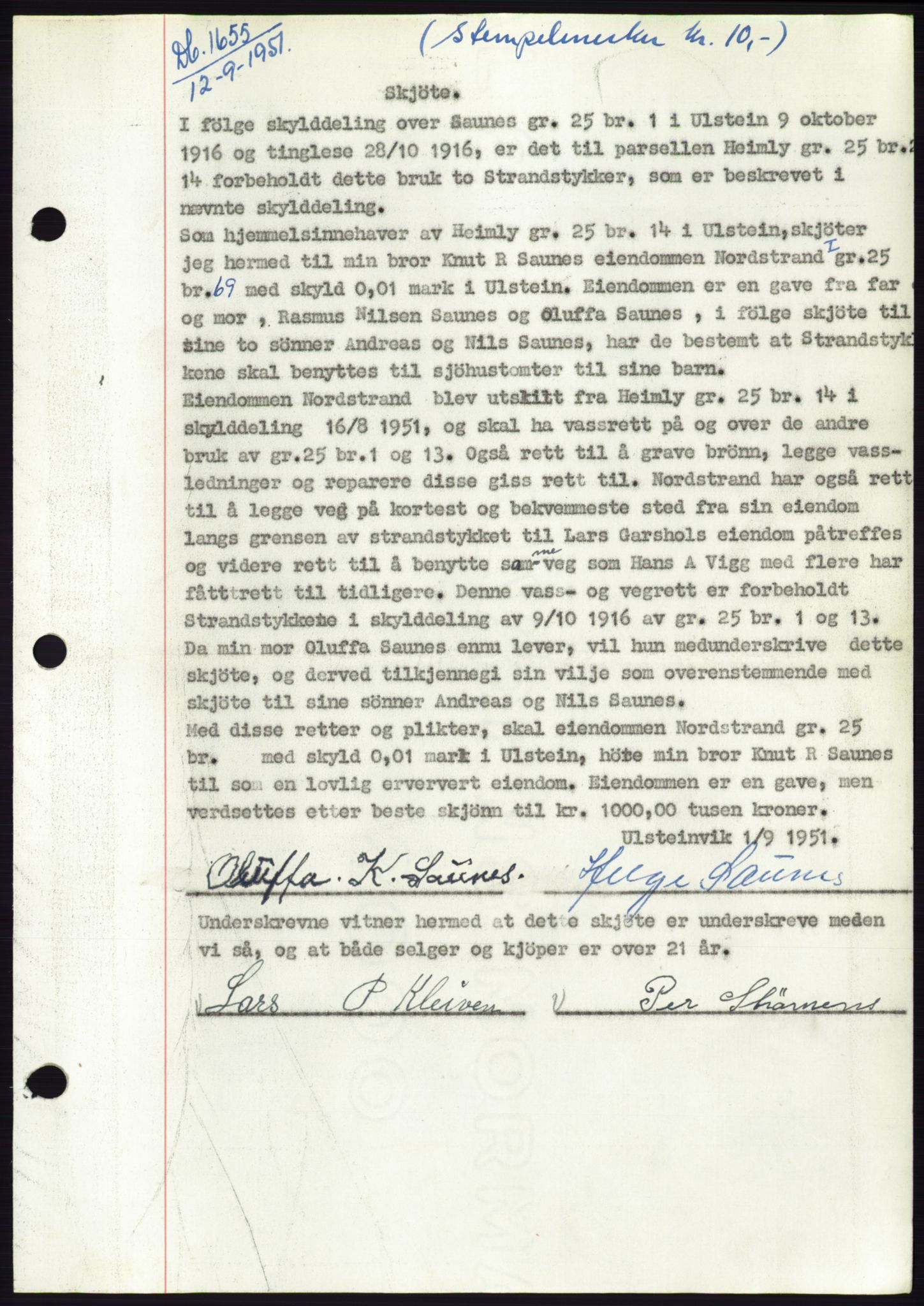 Søre Sunnmøre sorenskriveri, AV/SAT-A-4122/1/2/2C/L0089: Mortgage book no. 15A, 1951-1951, Diary no: : 1655/1951