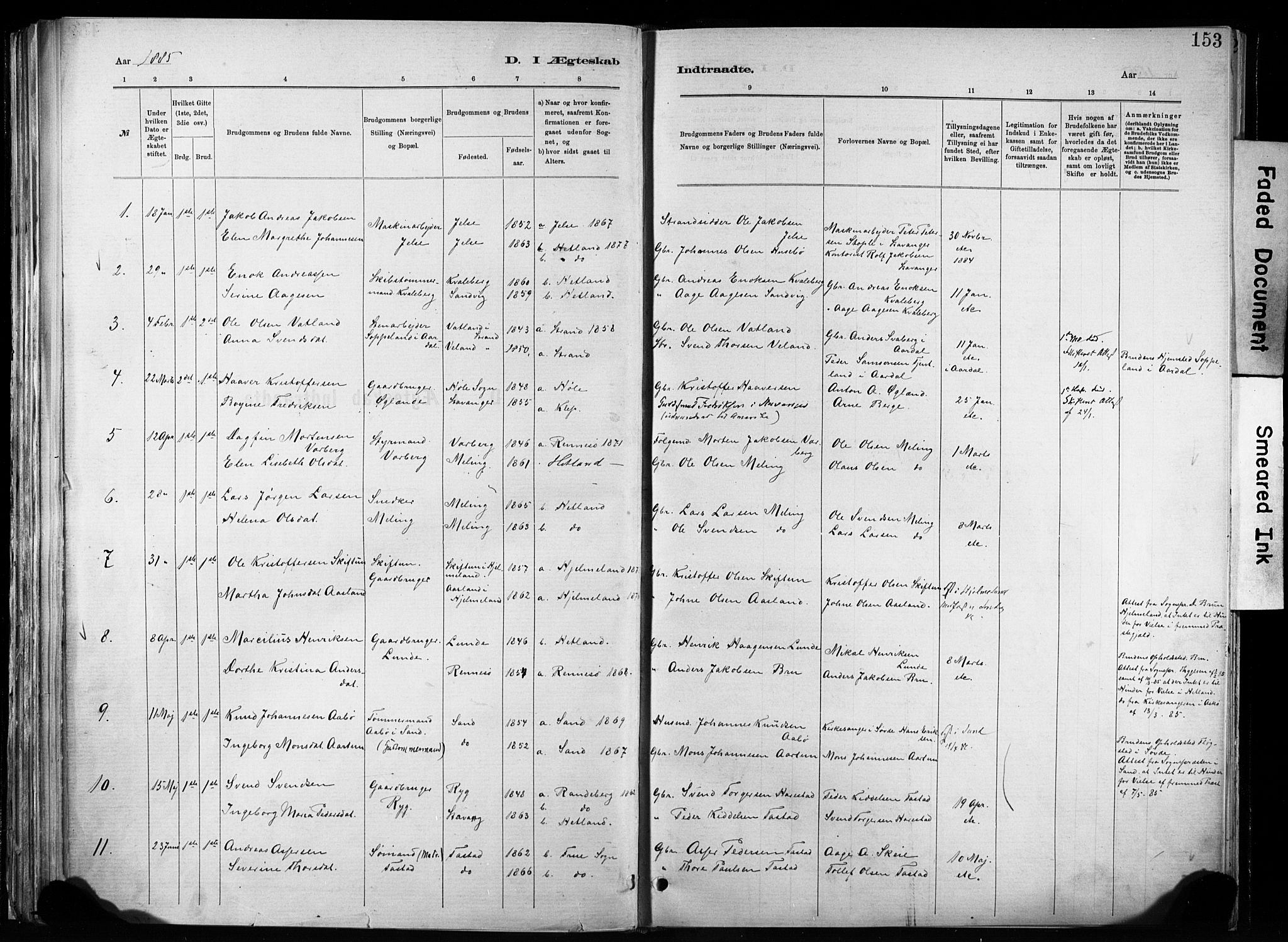 Hetland sokneprestkontor, SAST/A-101826/30/30BA/L0011: Parish register (official) no. A 11, 1884-1911, p. 153