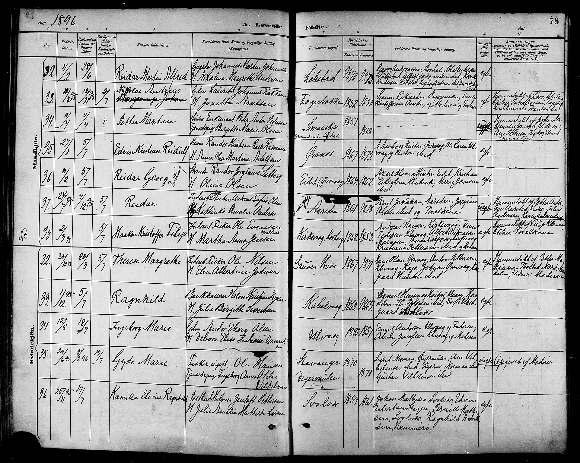 Ministerialprotokoller, klokkerbøker og fødselsregistre - Nordland, SAT/A-1459/874/L1060: Parish register (official) no. 874A04, 1890-1899, p. 78