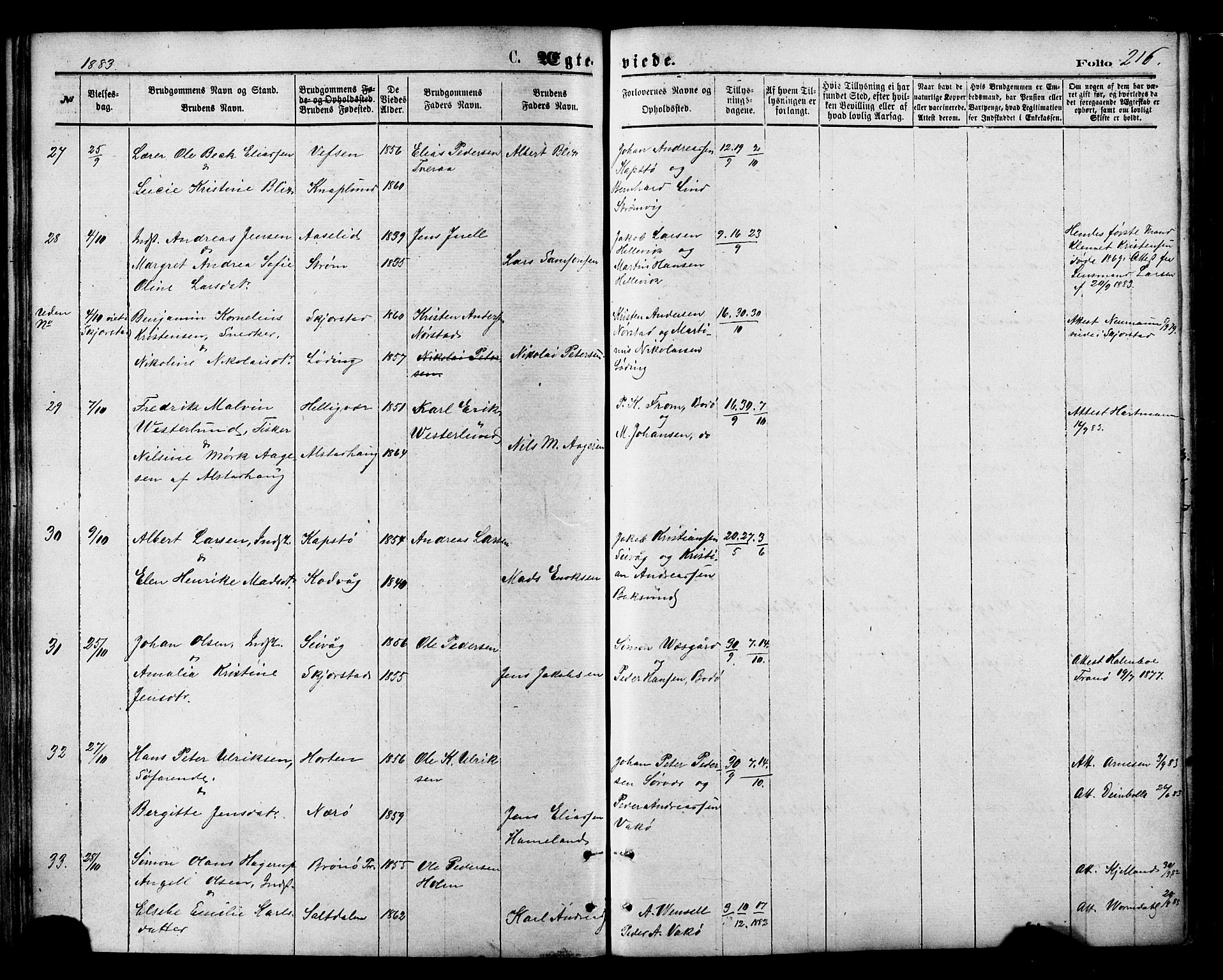 Ministerialprotokoller, klokkerbøker og fødselsregistre - Nordland, AV/SAT-A-1459/801/L0009: Parish register (official) no. 801A09, 1876-1883, p. 216