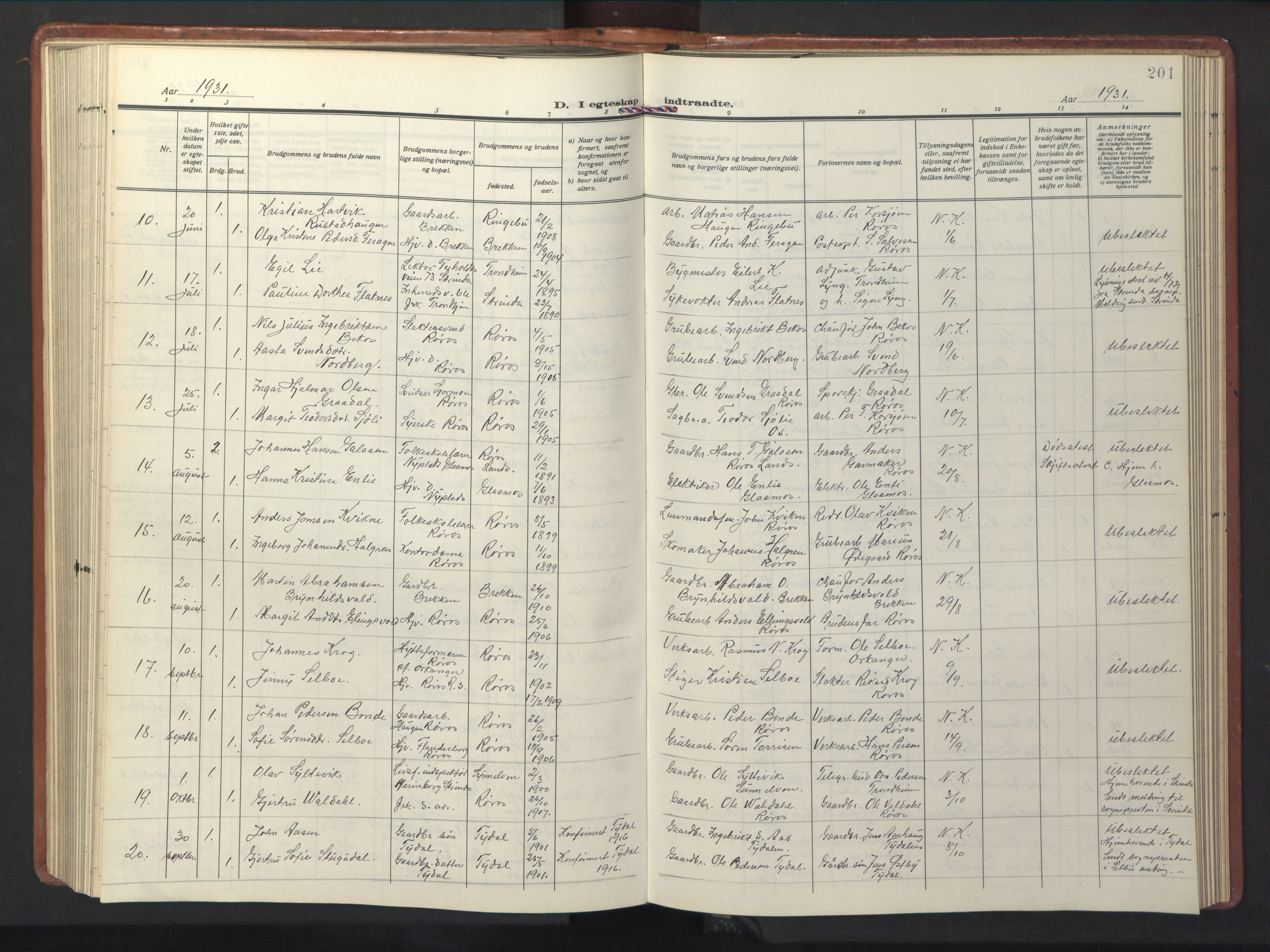 Ministerialprotokoller, klokkerbøker og fødselsregistre - Sør-Trøndelag, SAT/A-1456/681/L0943: Parish register (copy) no. 681C07, 1926-1954, p. 201
