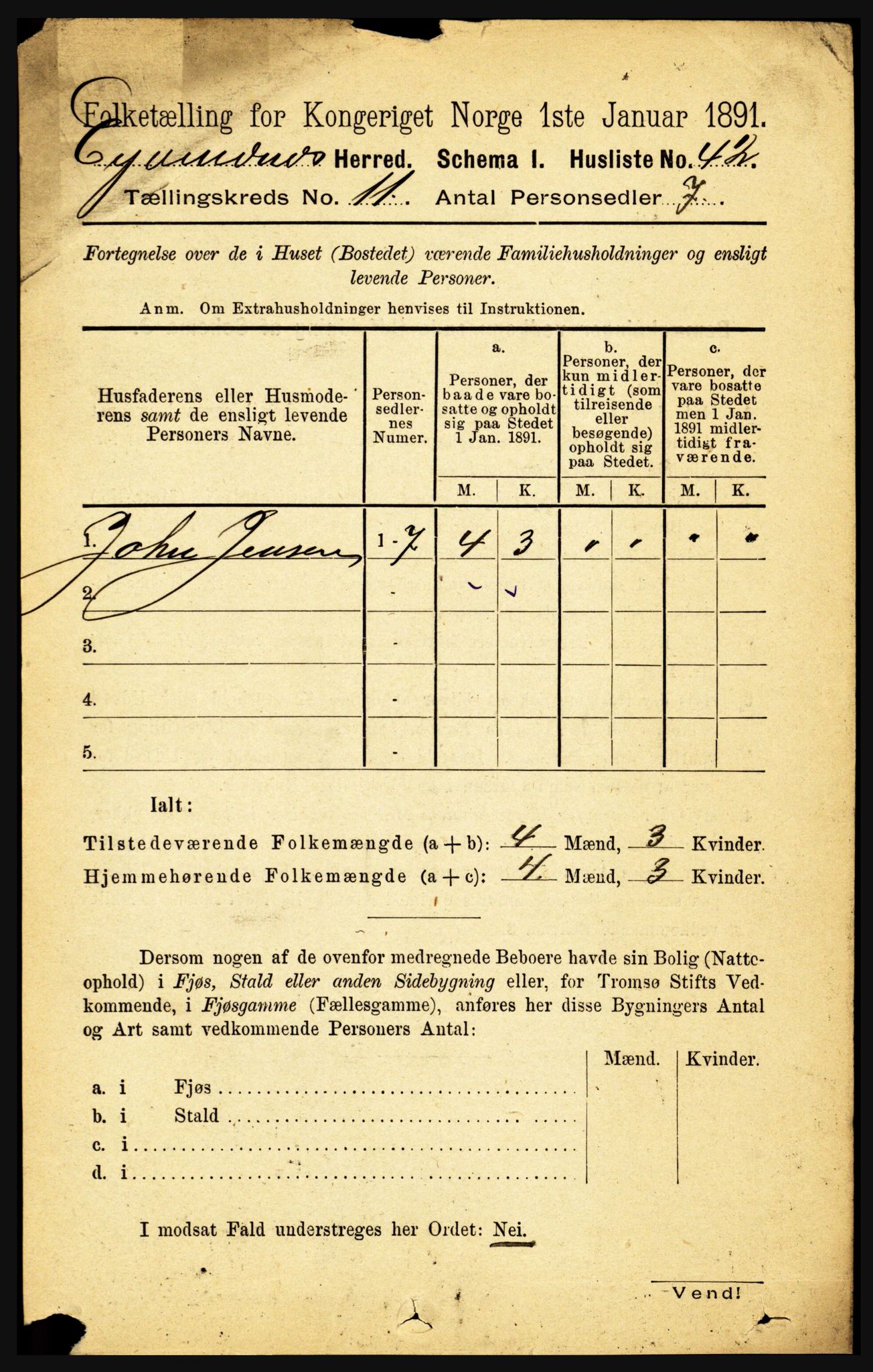 RA, 1891 census for 1853 Evenes, 1891, p. 3465