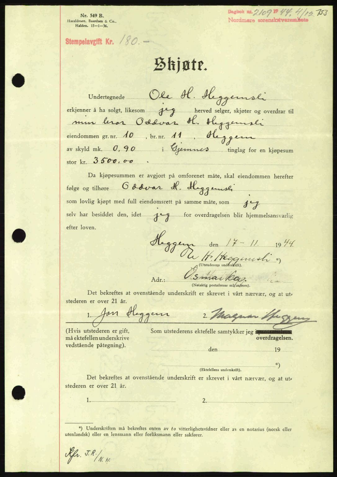 Nordmøre sorenskriveri, AV/SAT-A-4132/1/2/2Ca: Mortgage book no. A98, 1944-1944, Diary no: : 2109/1944