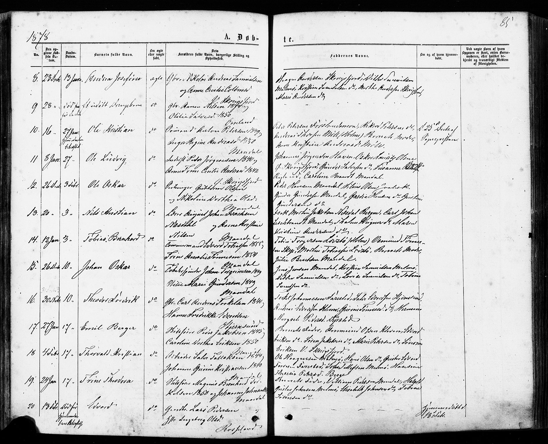 Mandal sokneprestkontor, AV/SAK-1111-0030/F/Fa/Faa/L0015: Parish register (official) no. A 15, 1873-1879, p. 85
