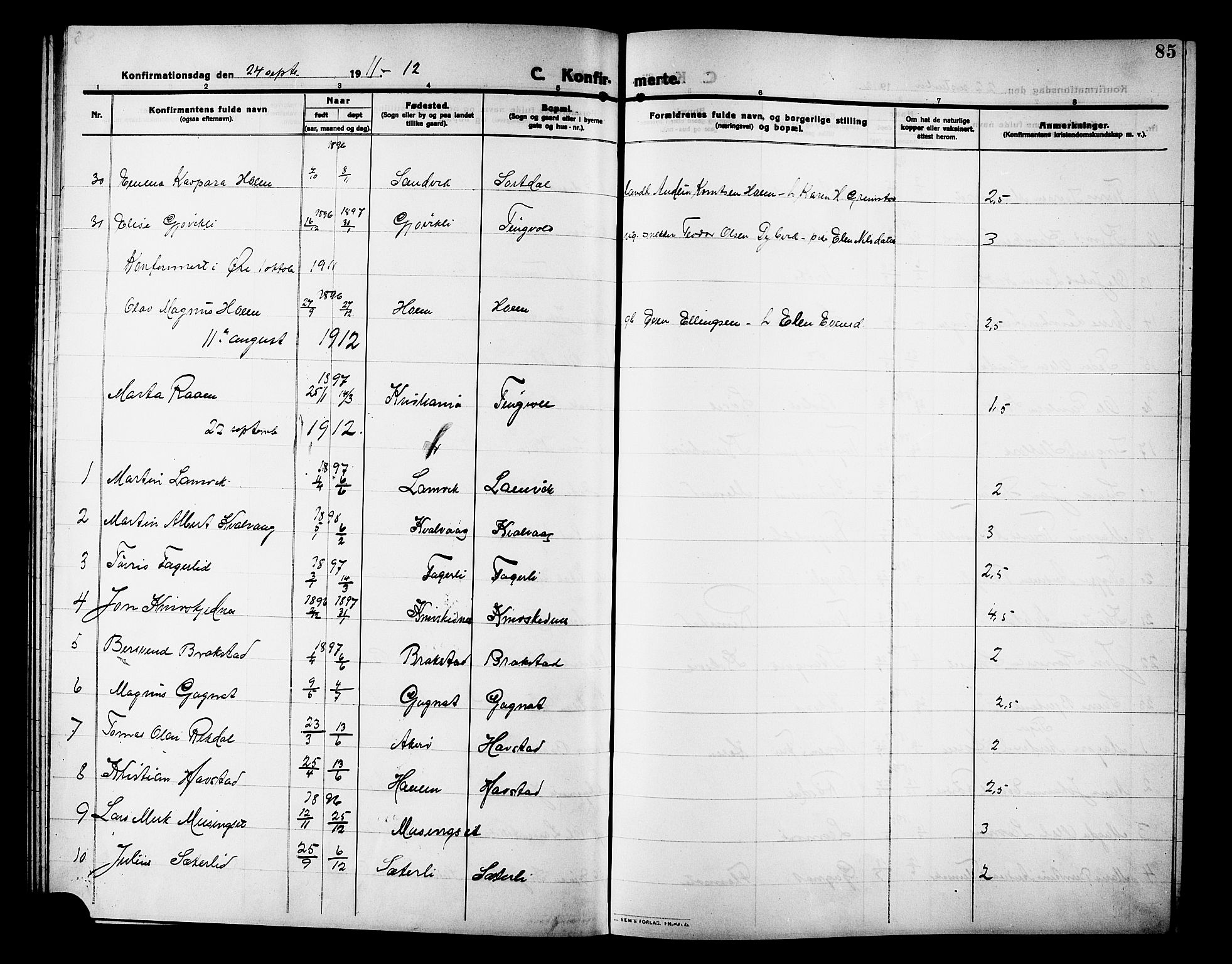 Ministerialprotokoller, klokkerbøker og fødselsregistre - Møre og Romsdal, AV/SAT-A-1454/586/L0993: Parish register (copy) no. 586C04, 1910-1918, p. 85