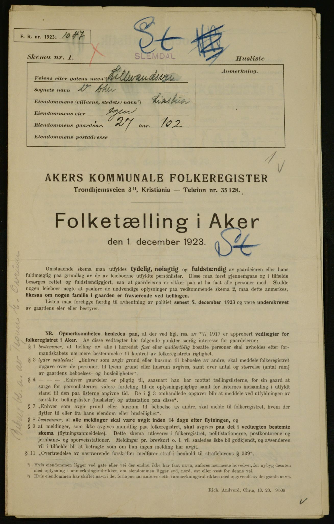 , Municipal Census 1923 for Aker, 1923, p. 14366