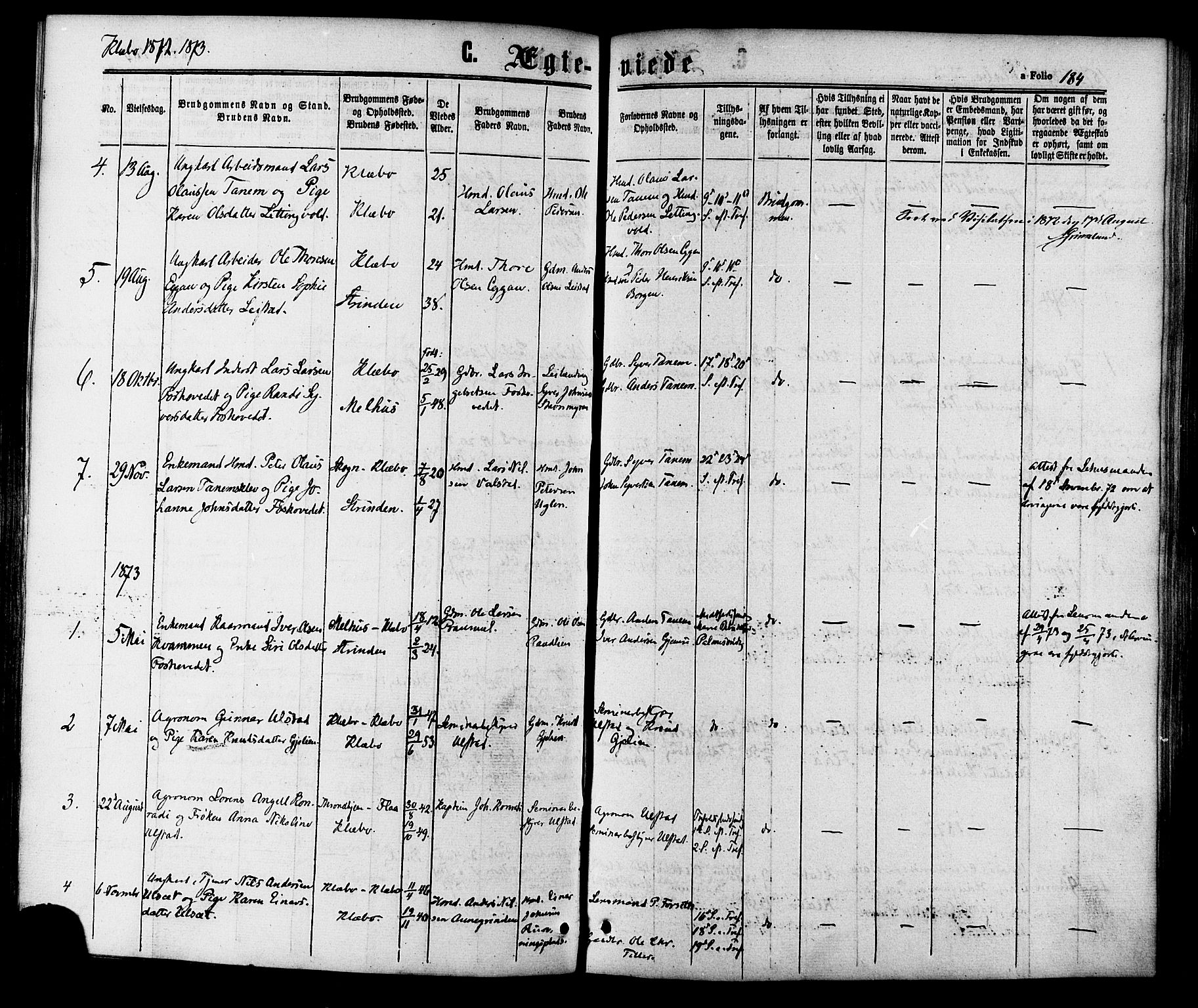 Ministerialprotokoller, klokkerbøker og fødselsregistre - Sør-Trøndelag, SAT/A-1456/618/L0442: Parish register (official) no. 618A06 /1, 1863-1879, p. 184
