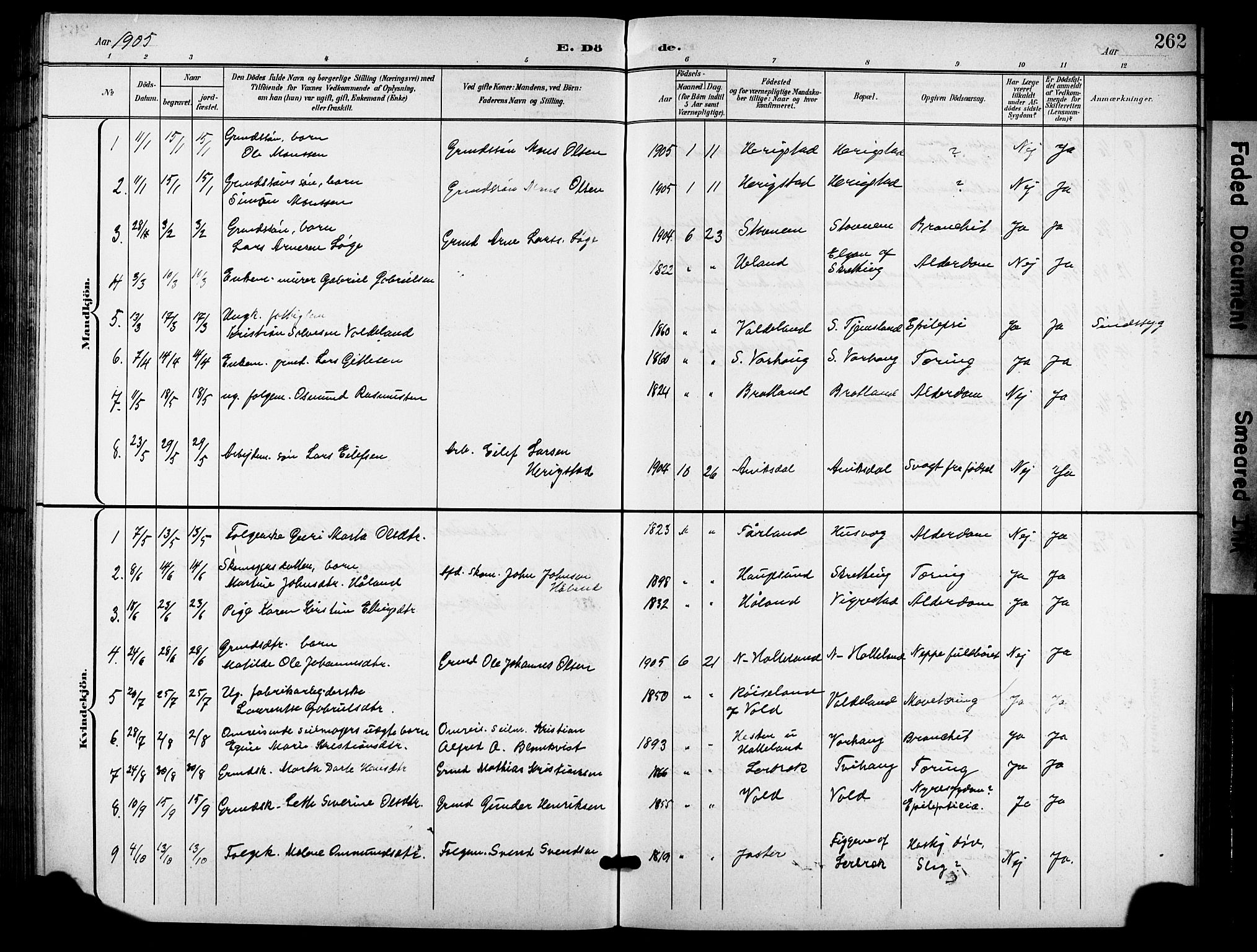 Hå sokneprestkontor, AV/SAST-A-101801/001/30BB/L0006: Parish register (copy) no. B 6, 1900-1924, p. 262