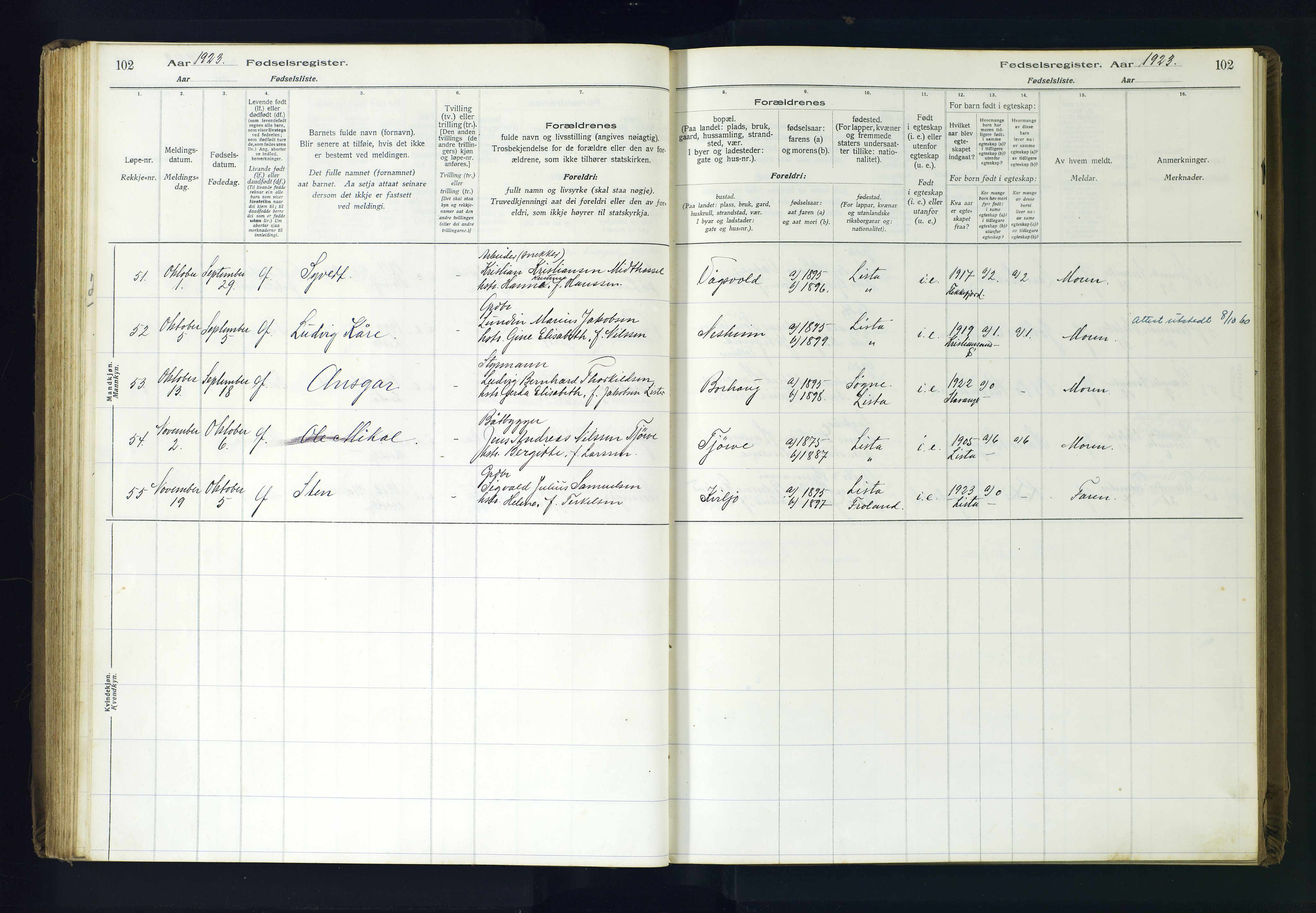 Lista sokneprestkontor, AV/SAK-1111-0027/J/Ja/L0001: Birth register no. A-VI-30, 1916-1934, p. 102