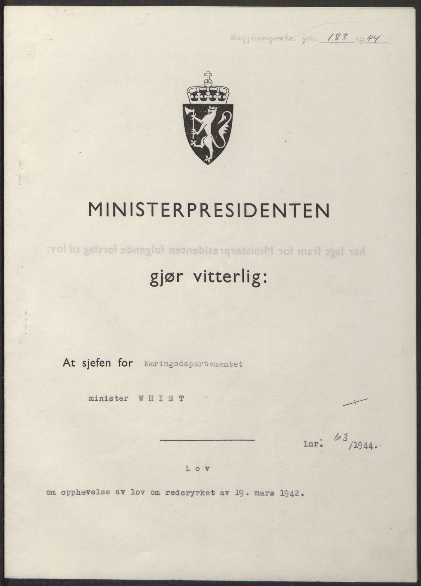 NS-administrasjonen 1940-1945 (Statsrådsekretariatet, de kommisariske statsråder mm), AV/RA-S-4279/D/Db/L0100: Lover, 1944, p. 299