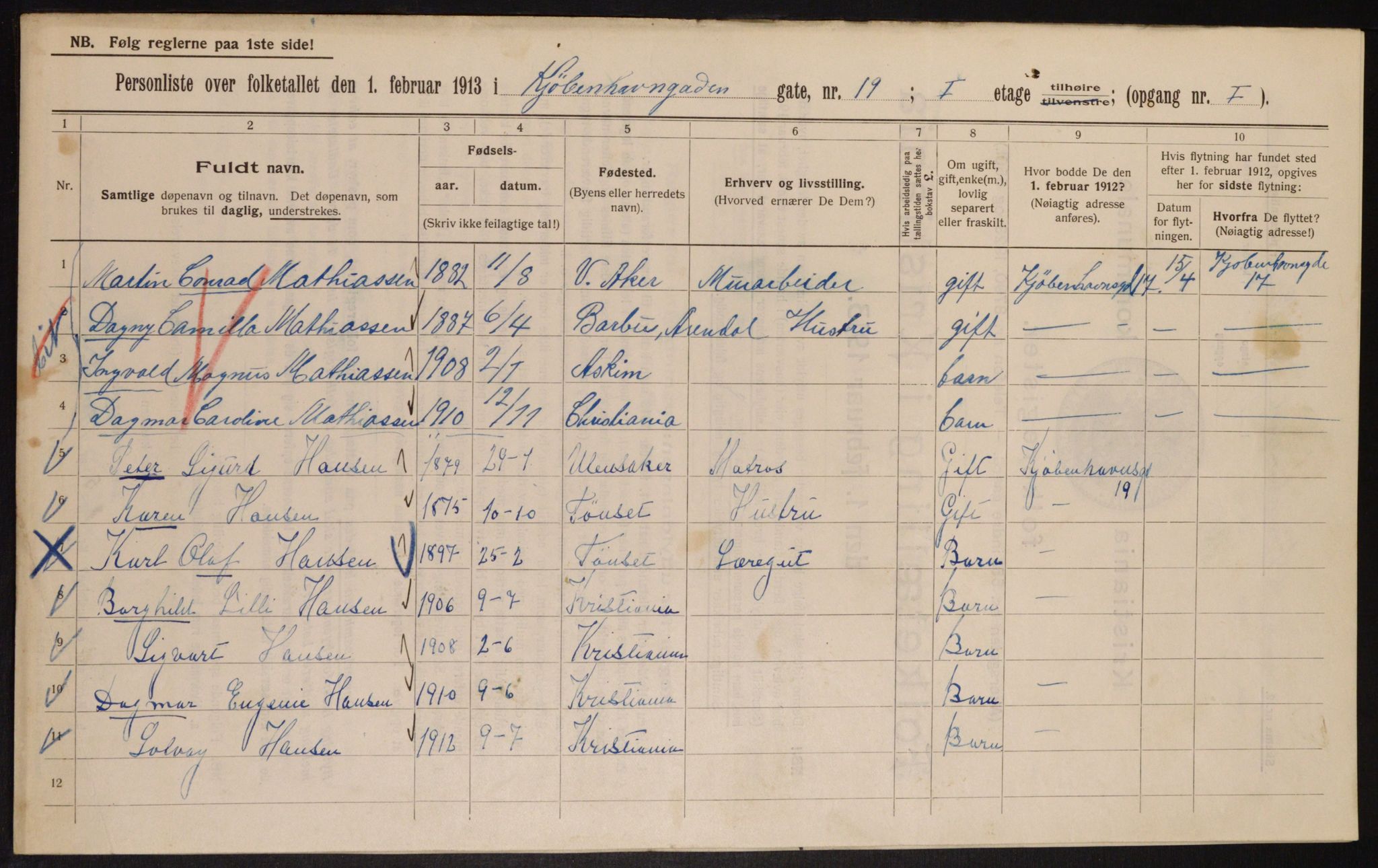 OBA, Municipal Census 1913 for Kristiania, 1913, p. 55009