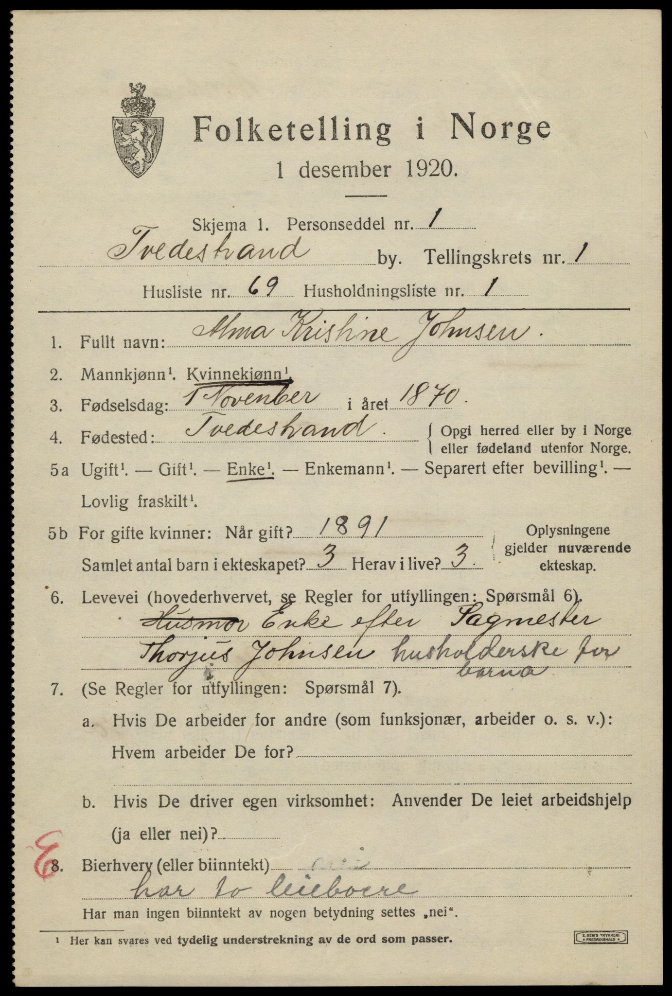 SAK, 1920 census for Tvedestrand, 1920, p. 2091