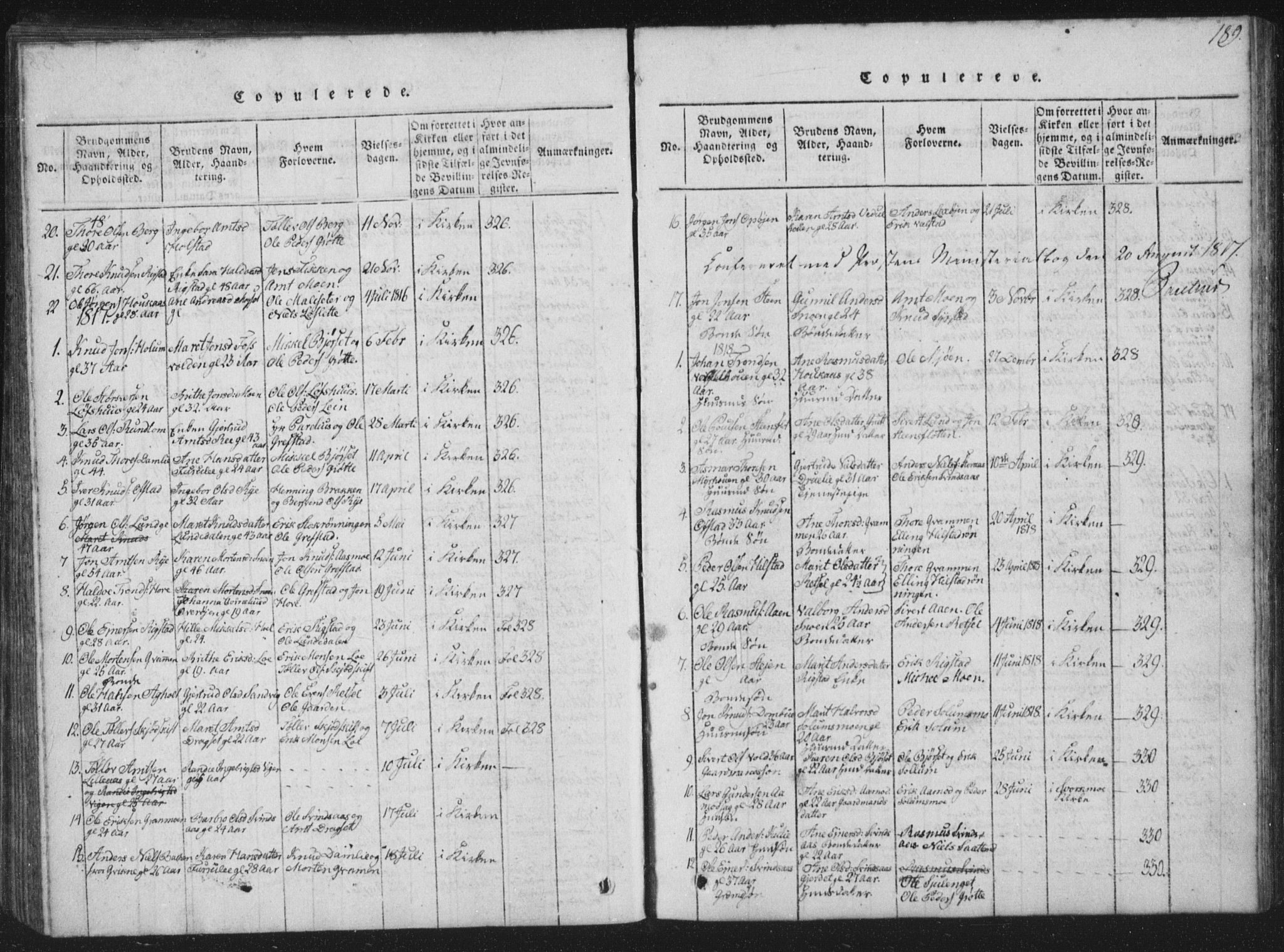 Ministerialprotokoller, klokkerbøker og fødselsregistre - Sør-Trøndelag, SAT/A-1456/672/L0862: Parish register (copy) no. 672C01, 1816-1831, p. 189