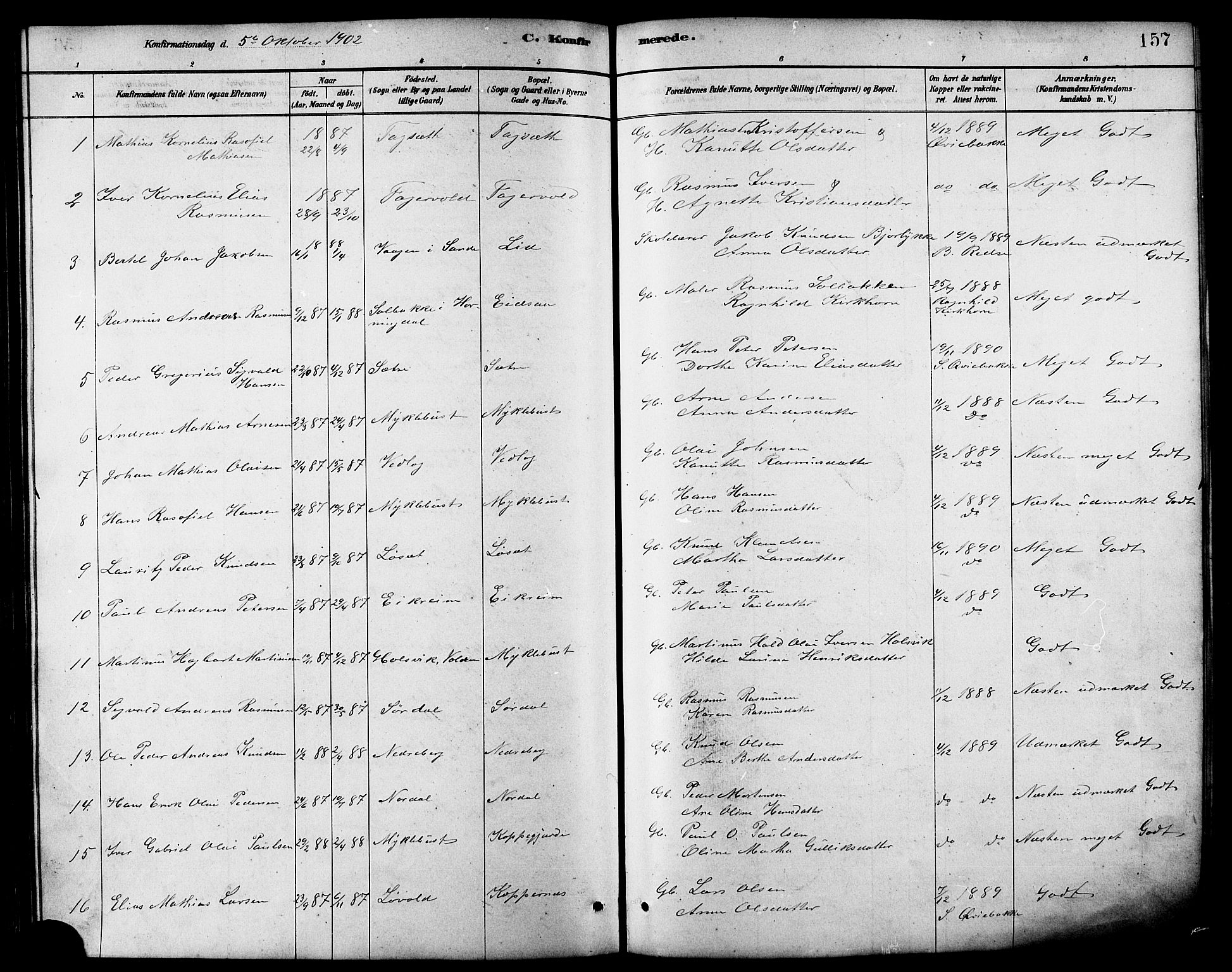 Ministerialprotokoller, klokkerbøker og fødselsregistre - Møre og Romsdal, AV/SAT-A-1454/502/L0027: Parish register (copy) no. 502C01, 1878-1908, p. 157