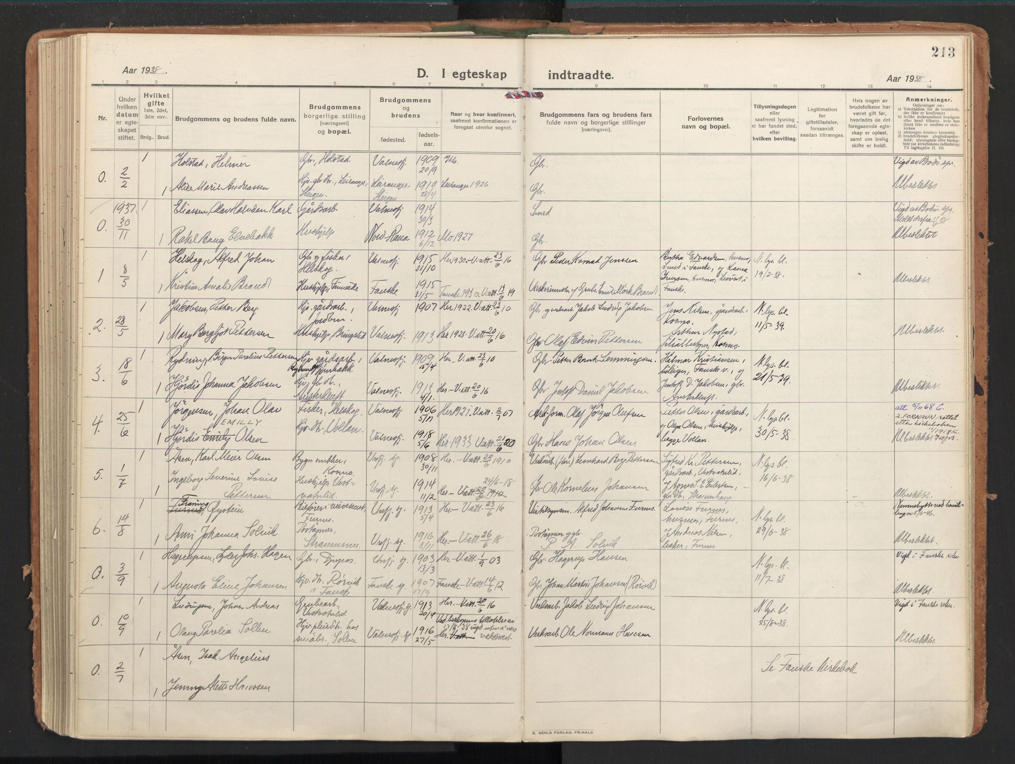 Ministerialprotokoller, klokkerbøker og fødselsregistre - Nordland, SAT/A-1459/851/L0725: Parish register (official) no. 851A02, 1922-1944, p. 213